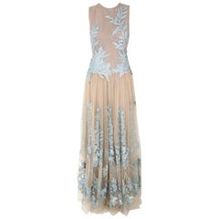 Pelush Nude And Powder Blue Tulle Dress Gown With Floral Metallic Embroidery - S