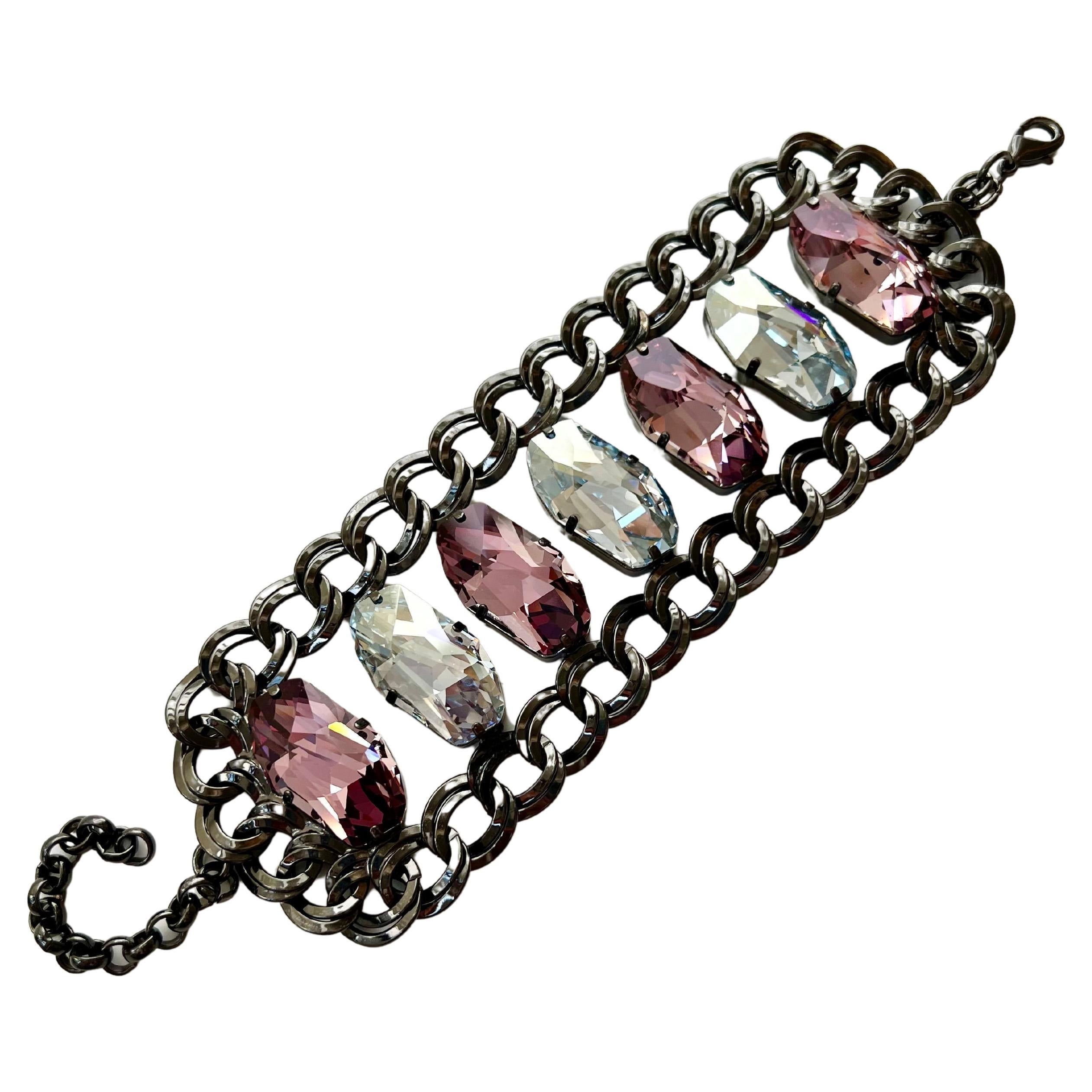 Pelush Pink And Clear Swarowsky Statement Bracelet With Chain Fashion Bracelet 