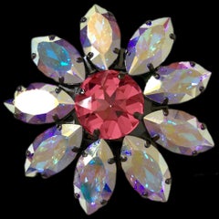 Pelush Pink And Opal Swarowsky Crystal Flower Brooch Buckle Pin - Large