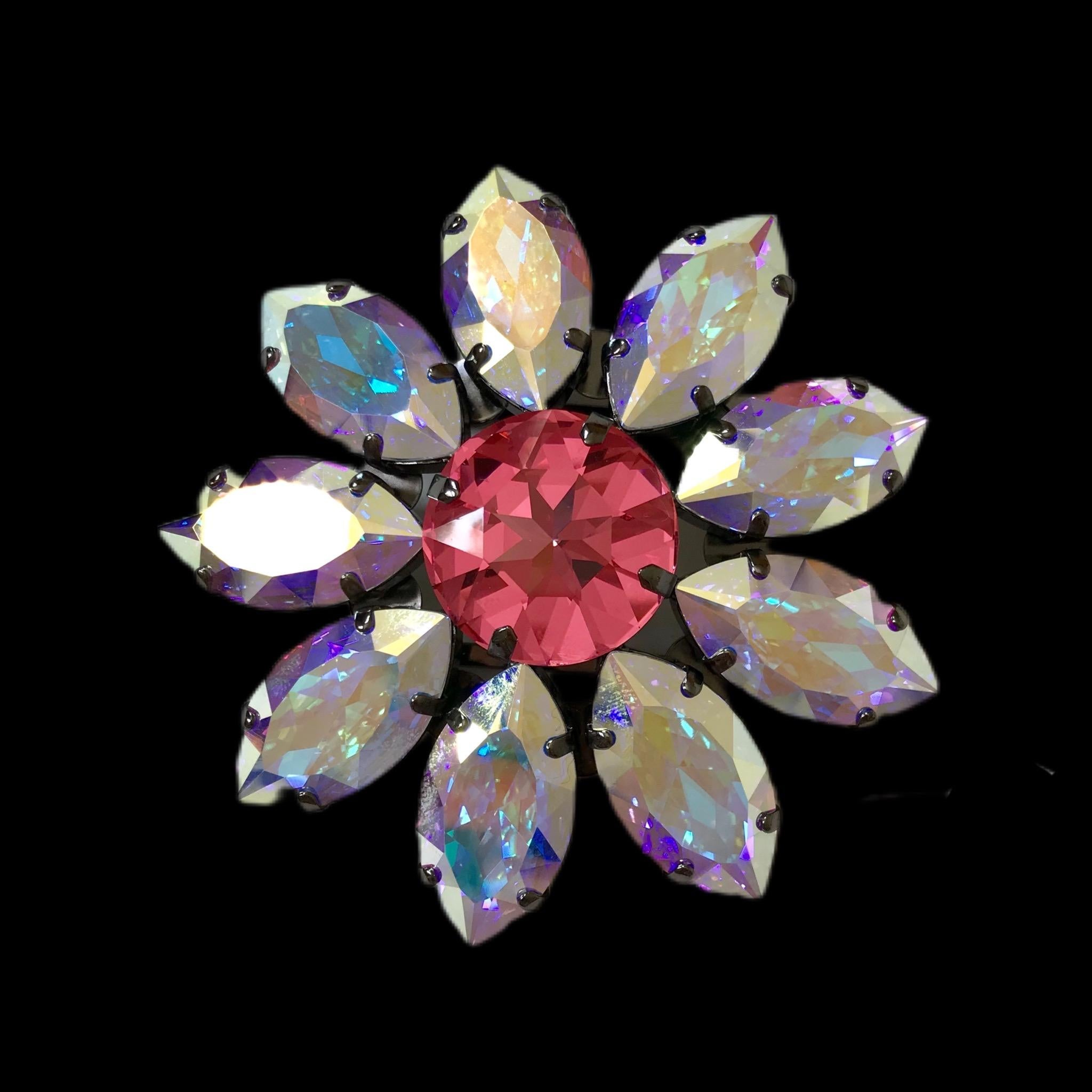 Pelush Pink And Opal Swarowsky Crystal Flower Brooch Buckle Pin - Large  For Sale 3