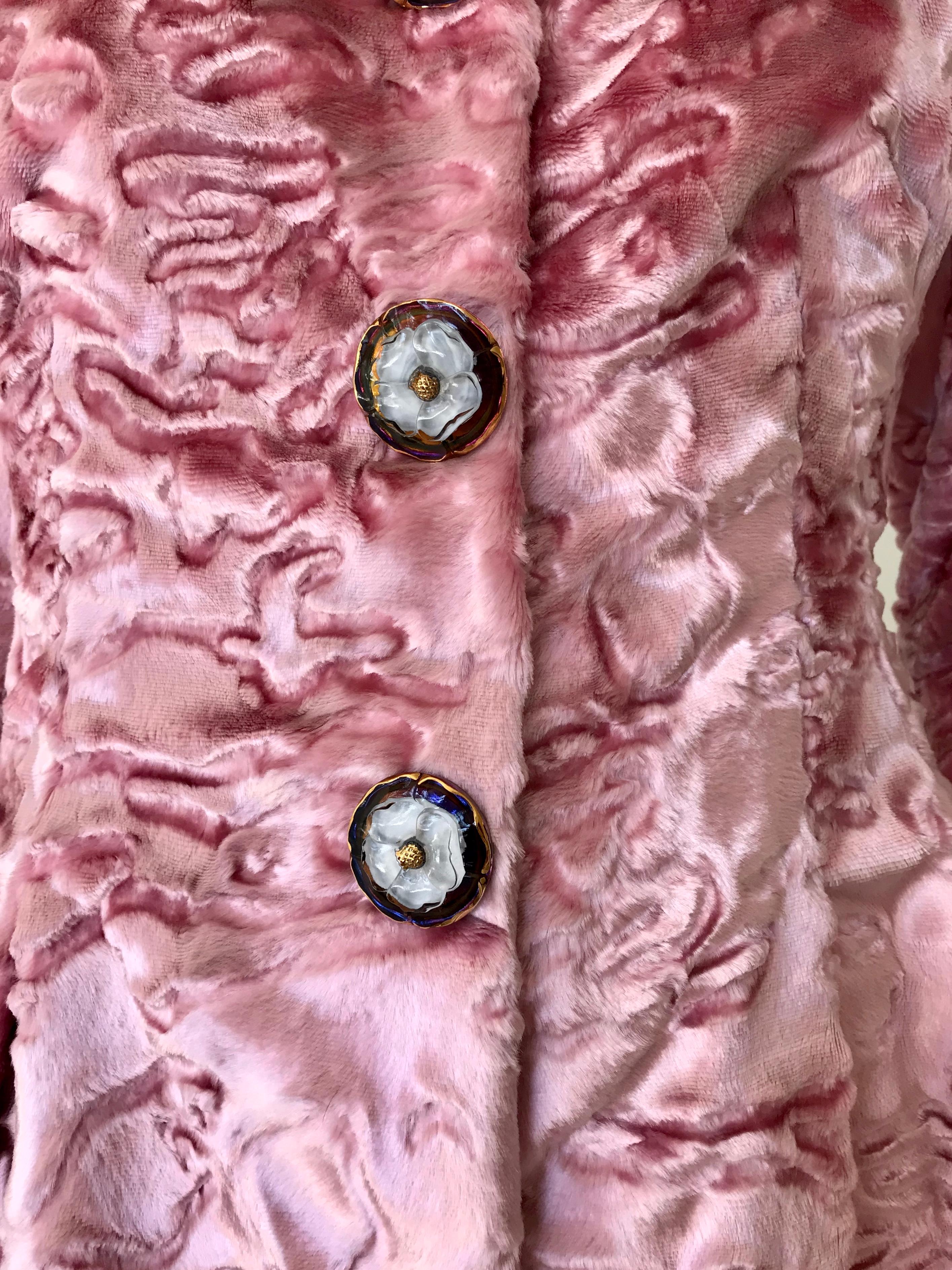 Pelush Pink Faux Fur Coat with Vintage Glass Buttons and Chantilly Lace - XS In New Condition In Greenwich, CT