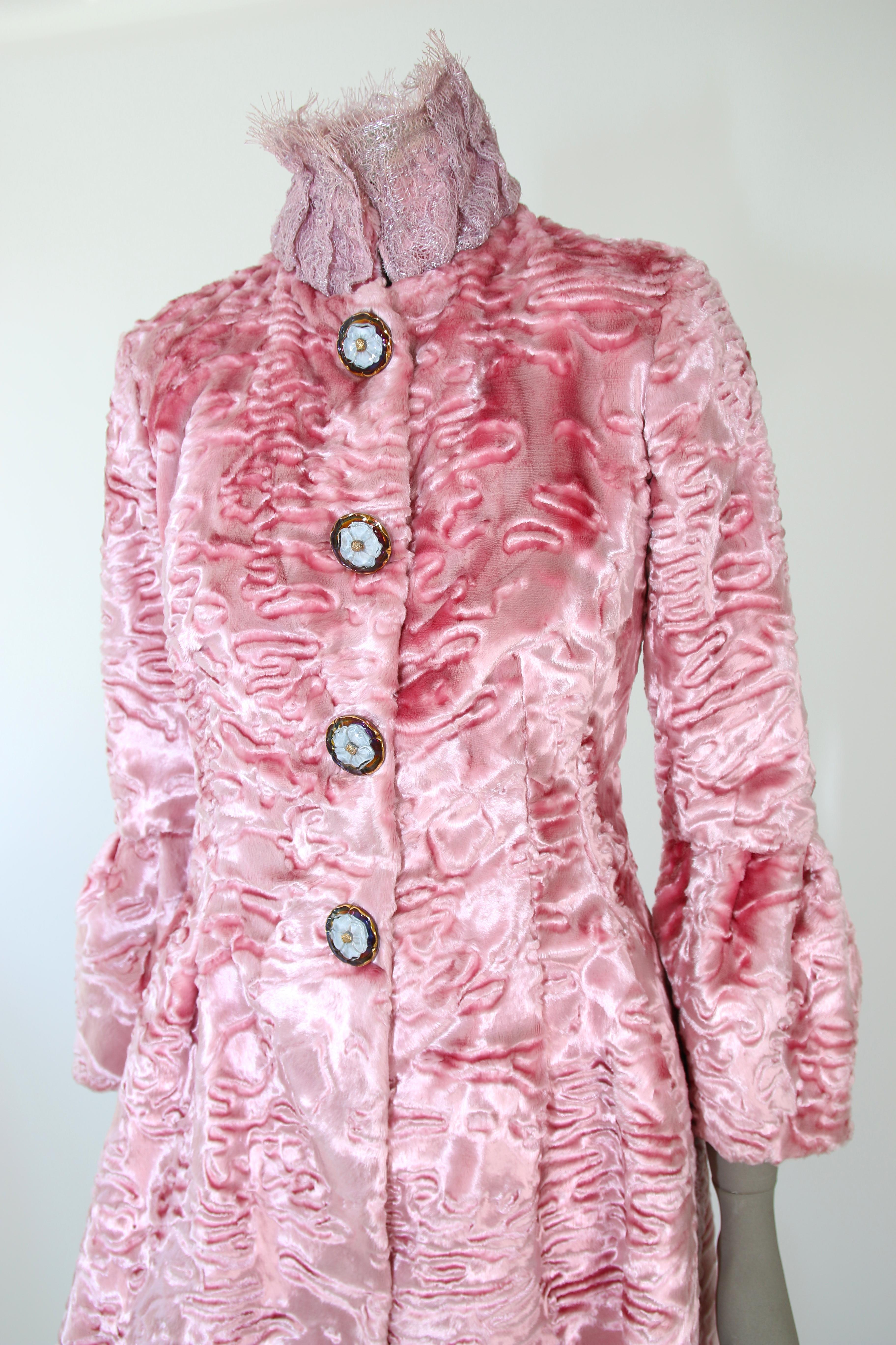 Pelush Pink Faux Fur Coat with Vintage Glass Buttons and Chantilly Lace - XS 4
