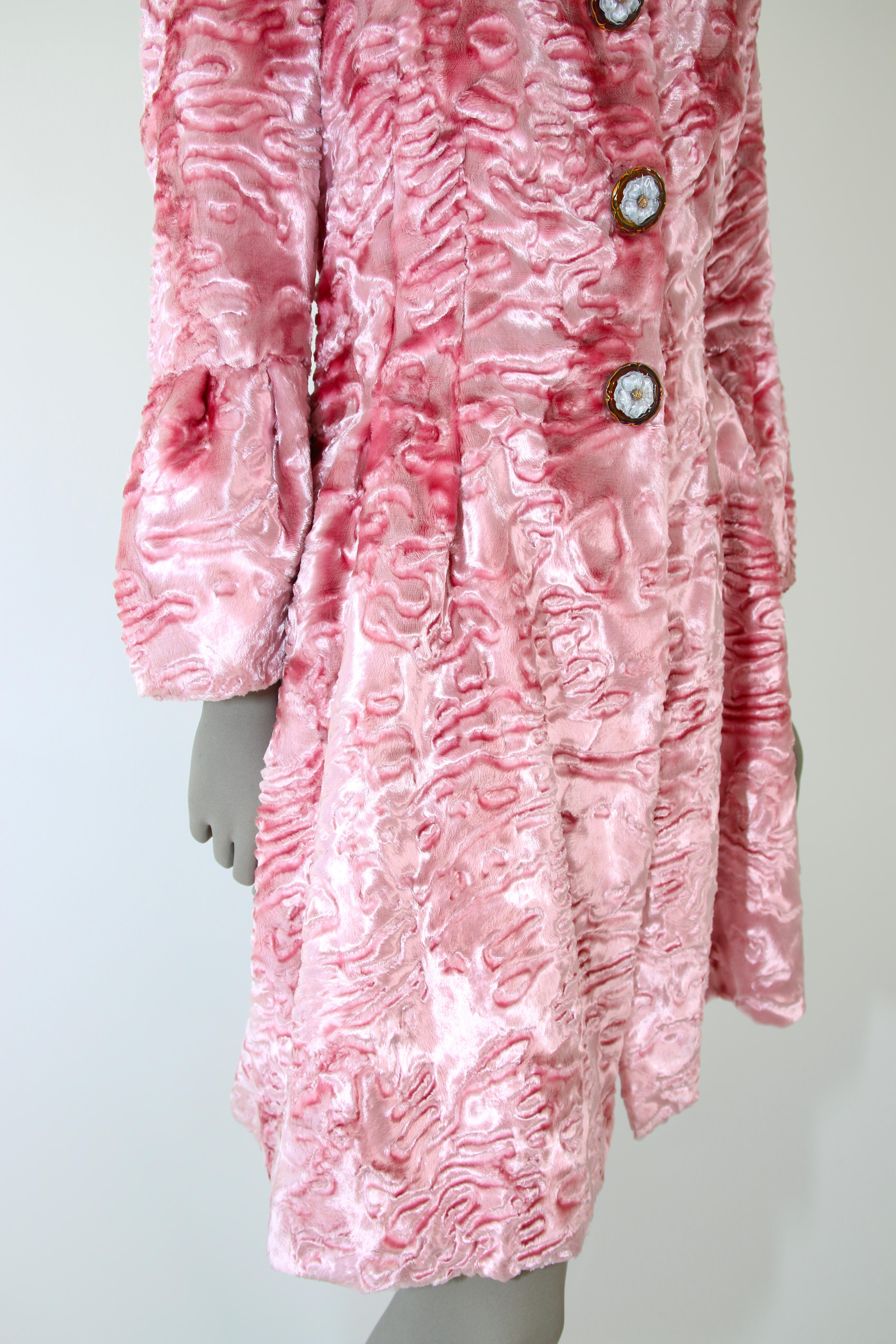 Women's Pelush Pink Faux Fur Coat with Vintage Glass Buttons and Chantilly Lace - XS