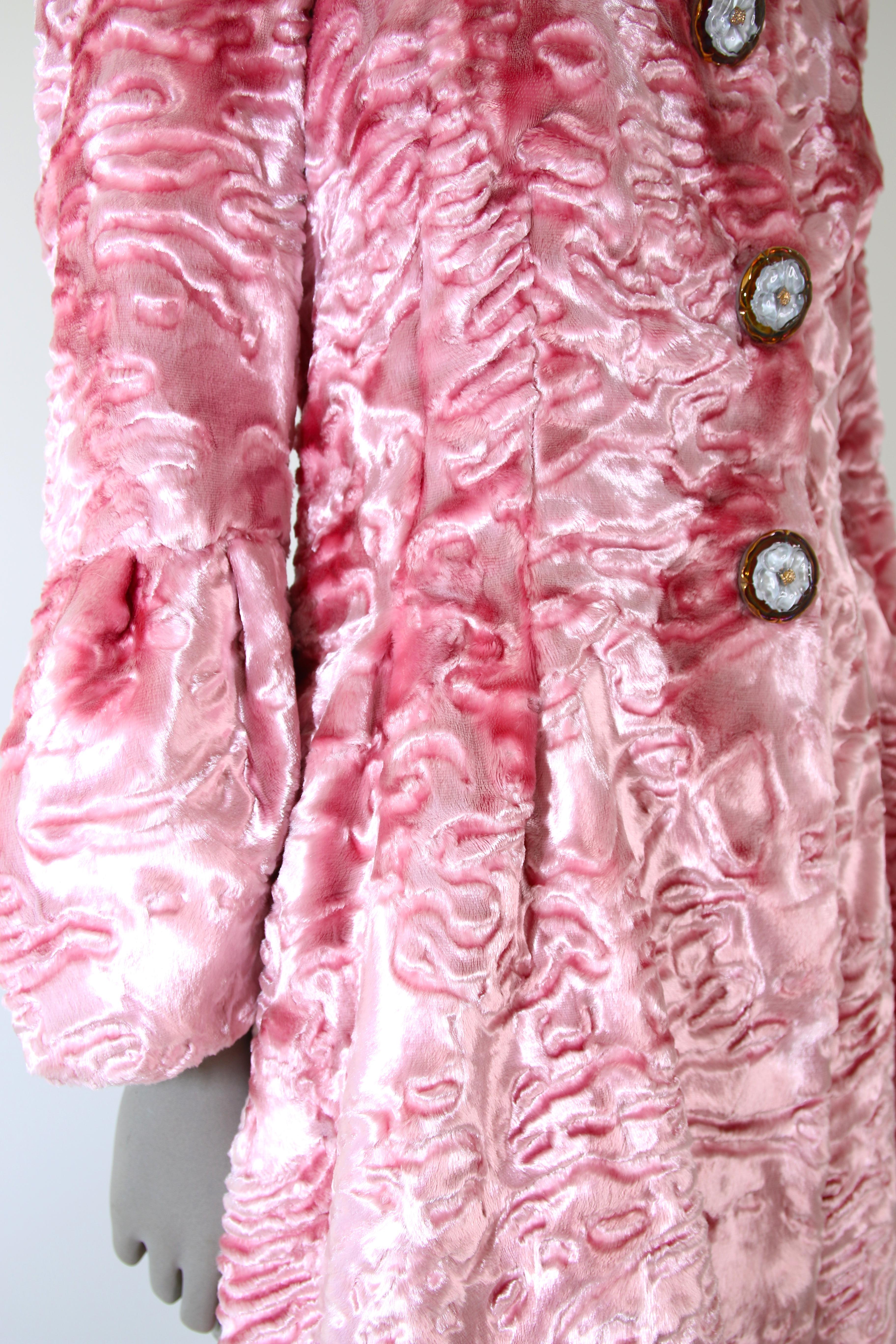 Pelush Pink Faux Fur Coat with Vintage Glass Buttons and Chantilly Lace - XS 2
