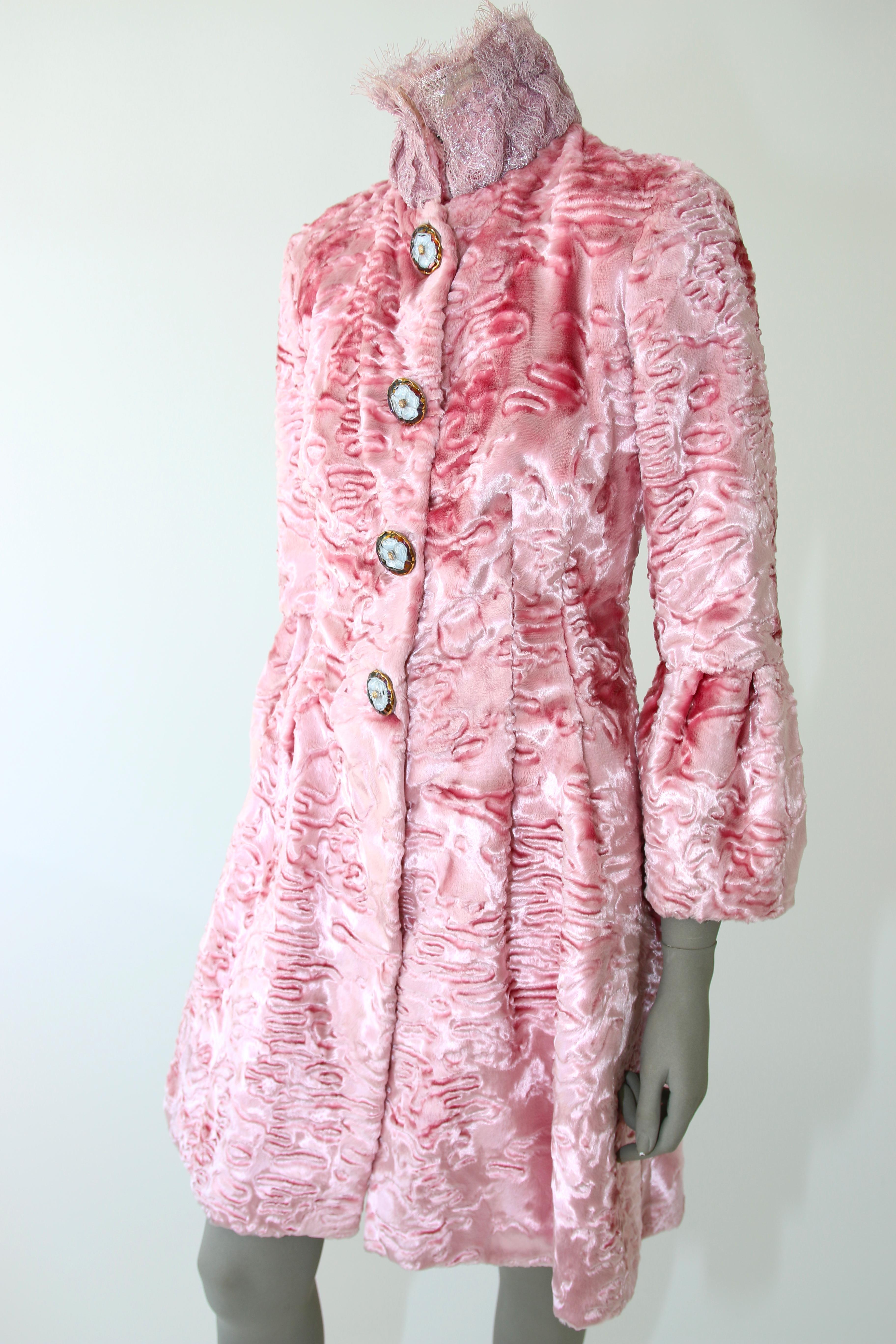 Pelush Pink Faux Fur Coat with Vintage Glass Buttons and Chantilly Lace - XS 3