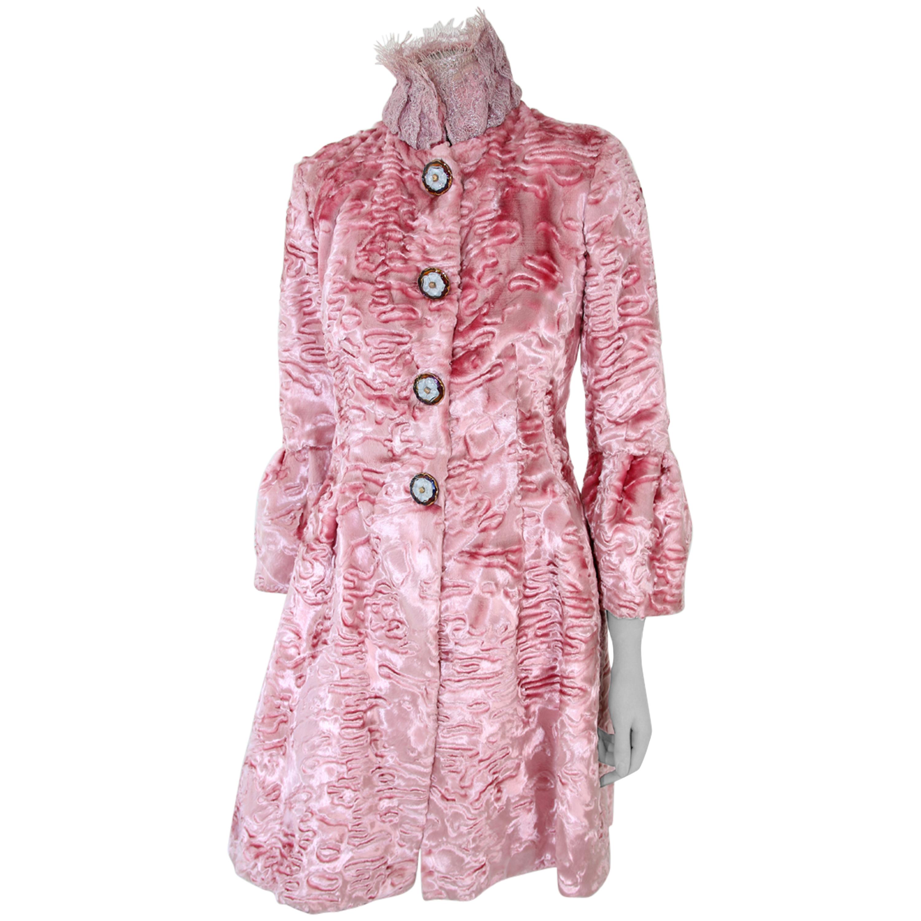 Pelush Pink Faux Fur Coat with Vintage Glass Buttons and Chantilly Lace - XS