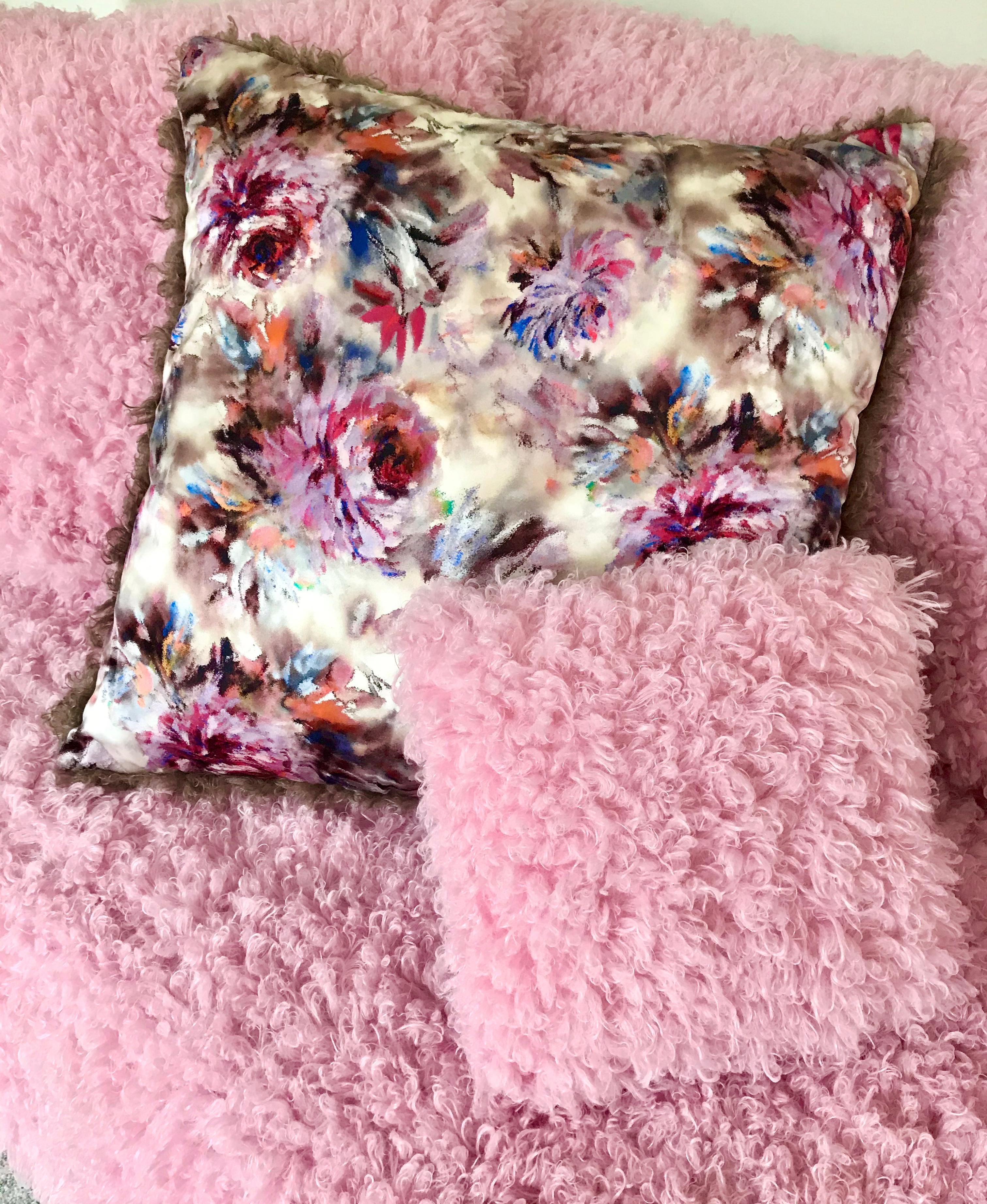 This Pelush pink poodle faux fur throw blanket is made with a custom boucle' poly fabric and recycled  Italian silk floral brocade backing. Mix and match it with our different sizes pillows for a stark and impressive look that adds texture, color