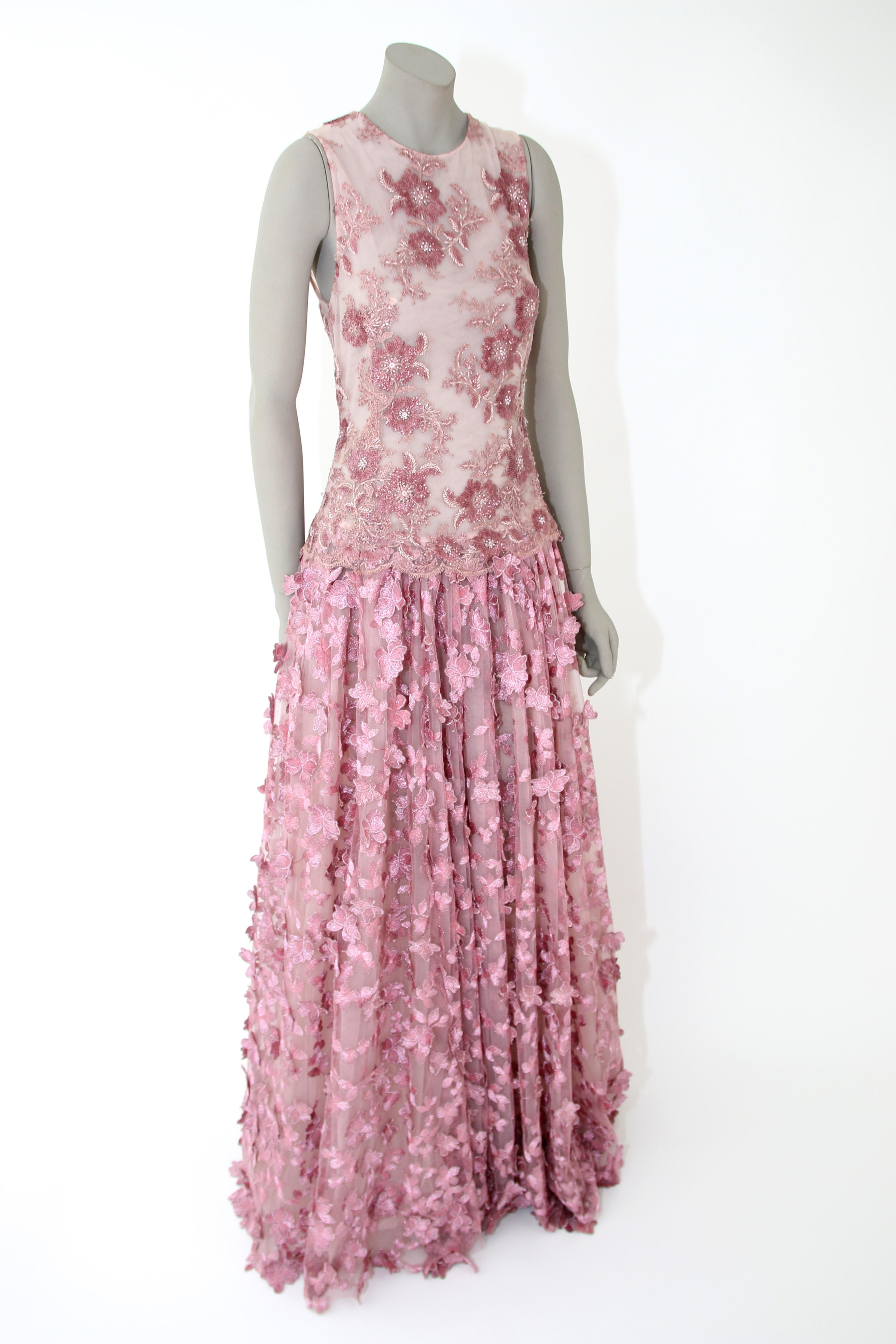 Pelush Pink Tulle Dress Gown With Three Dimensional Flowers And Embroidery - S For Sale 2