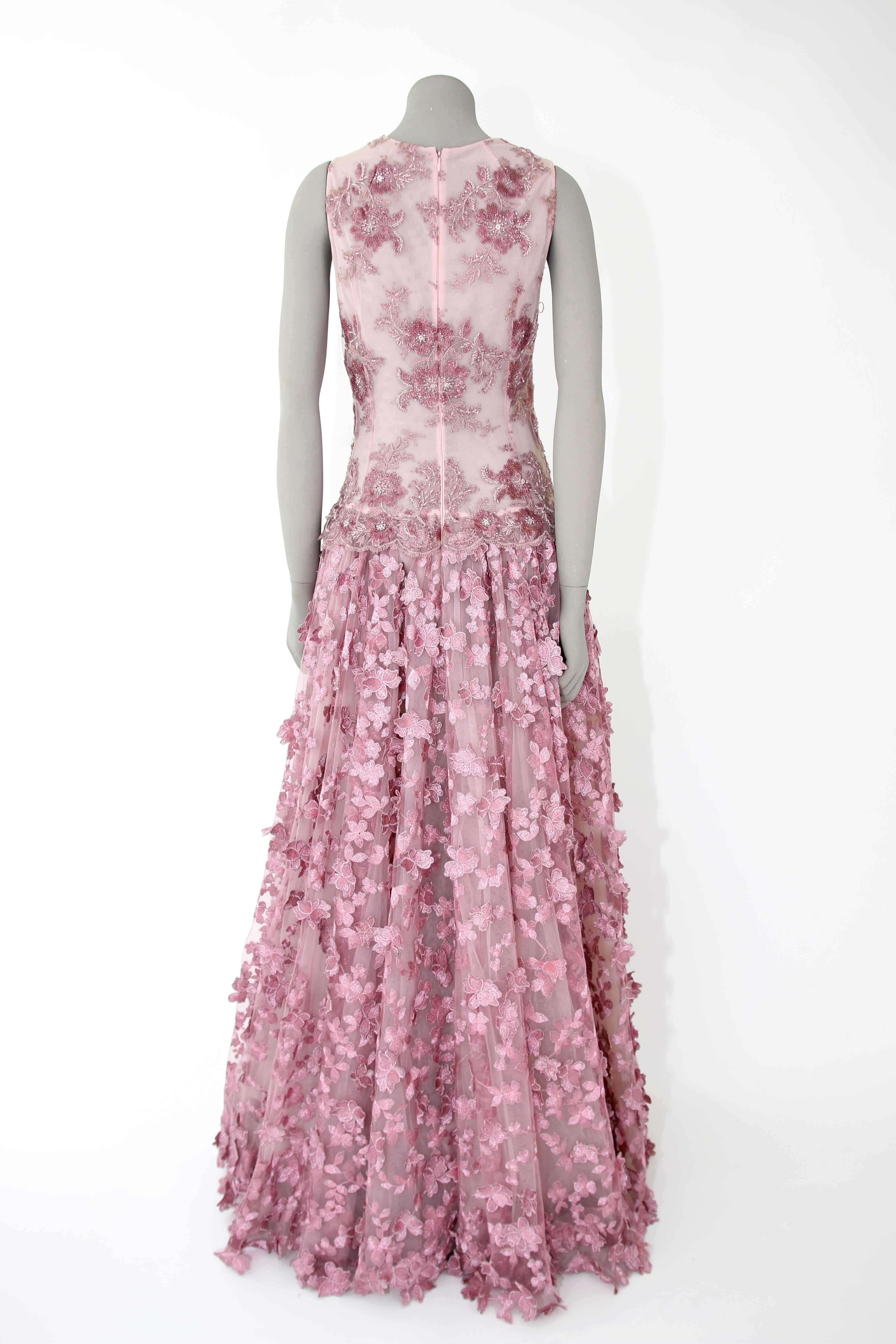 Pelush Pink Tulle Dress Gown With Three Dimensional Flowers And Embroidery - S For Sale 3