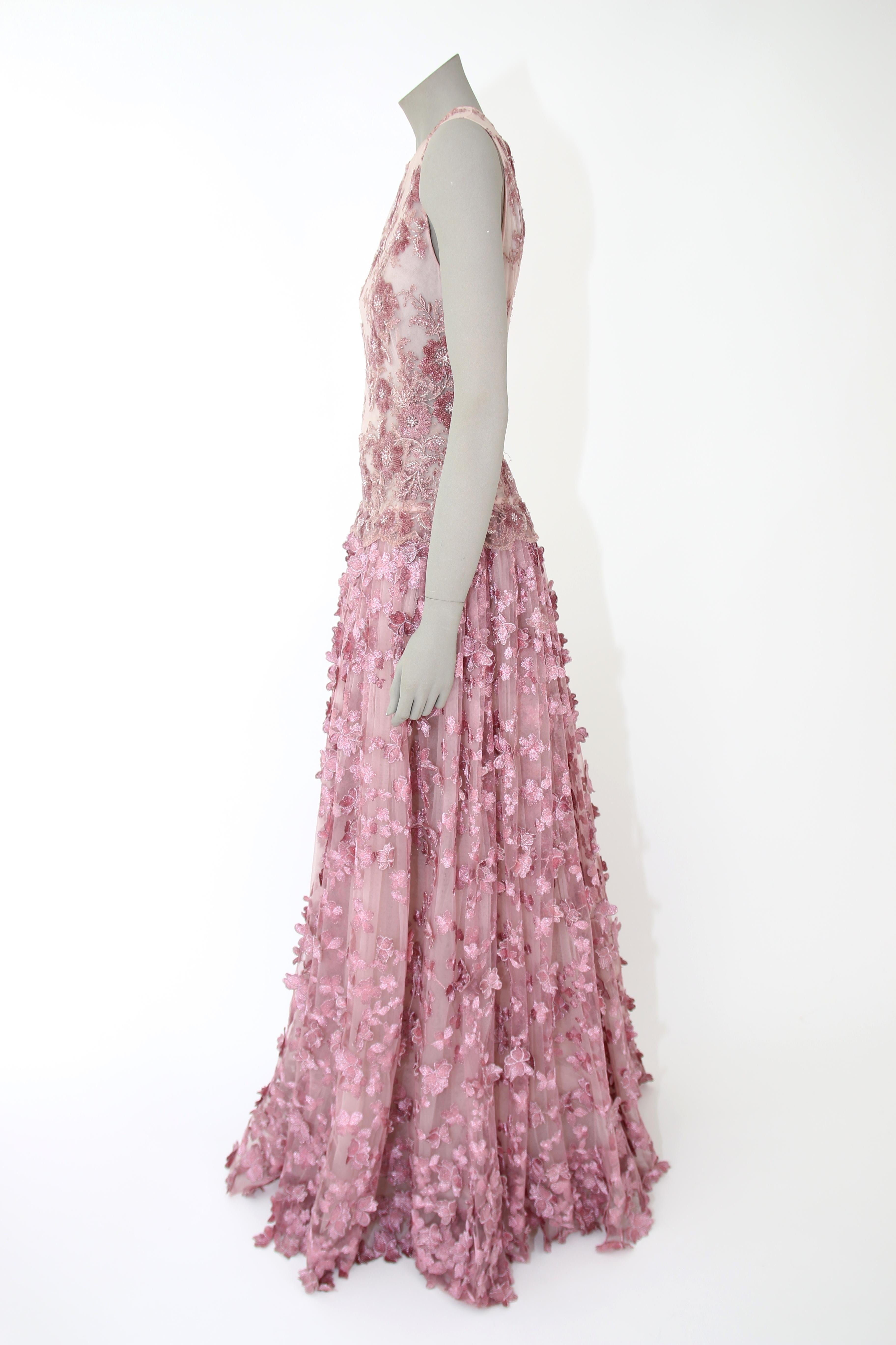 Pelush Pink Tulle Dress Gown With Three Dimensional Flowers And Embroidery - S For Sale 4