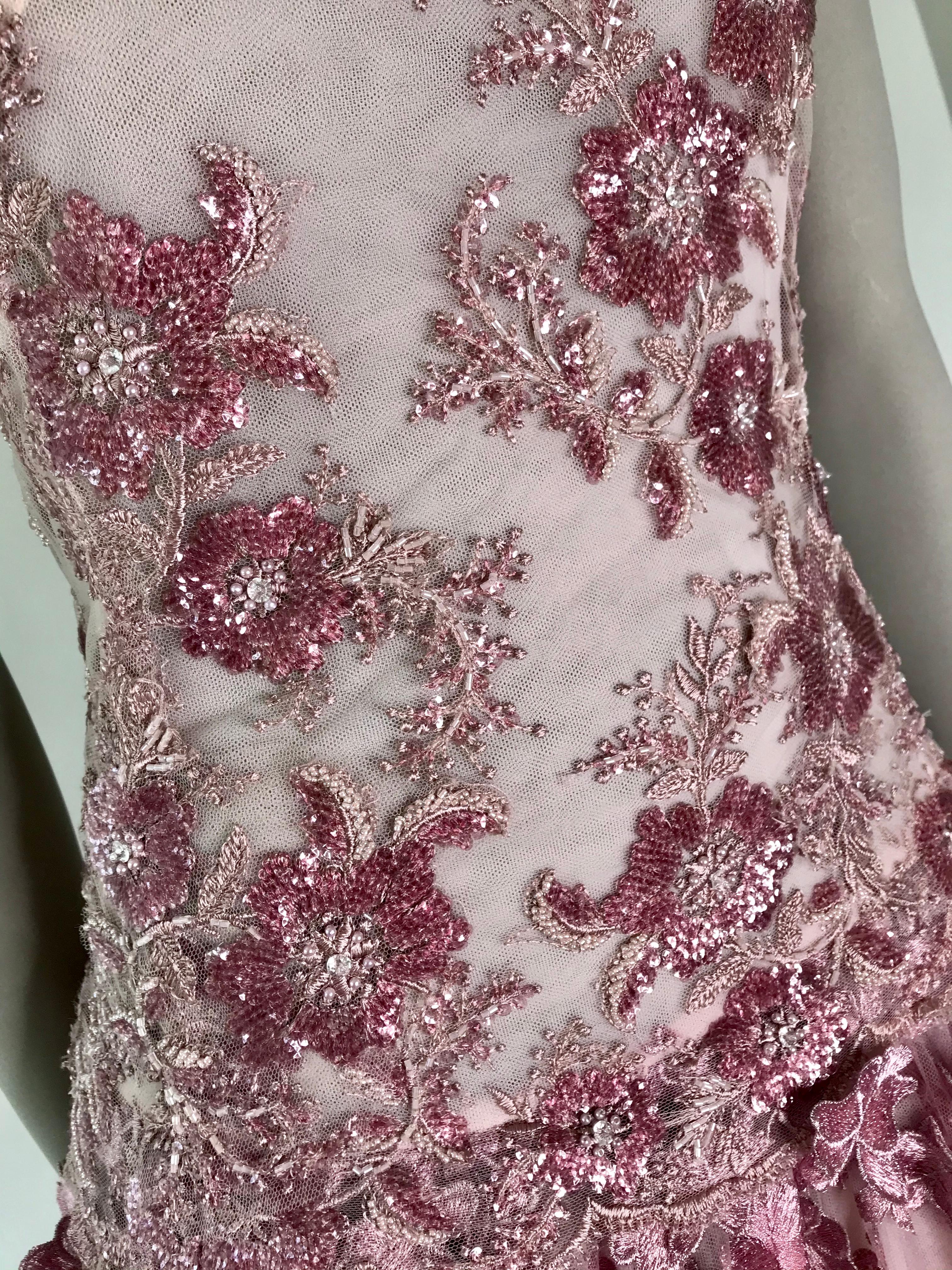 Pelush Pink Tulle Dress Gown With Three Dimensional Flowers And Embroidery - S In New Condition For Sale In Greenwich, CT