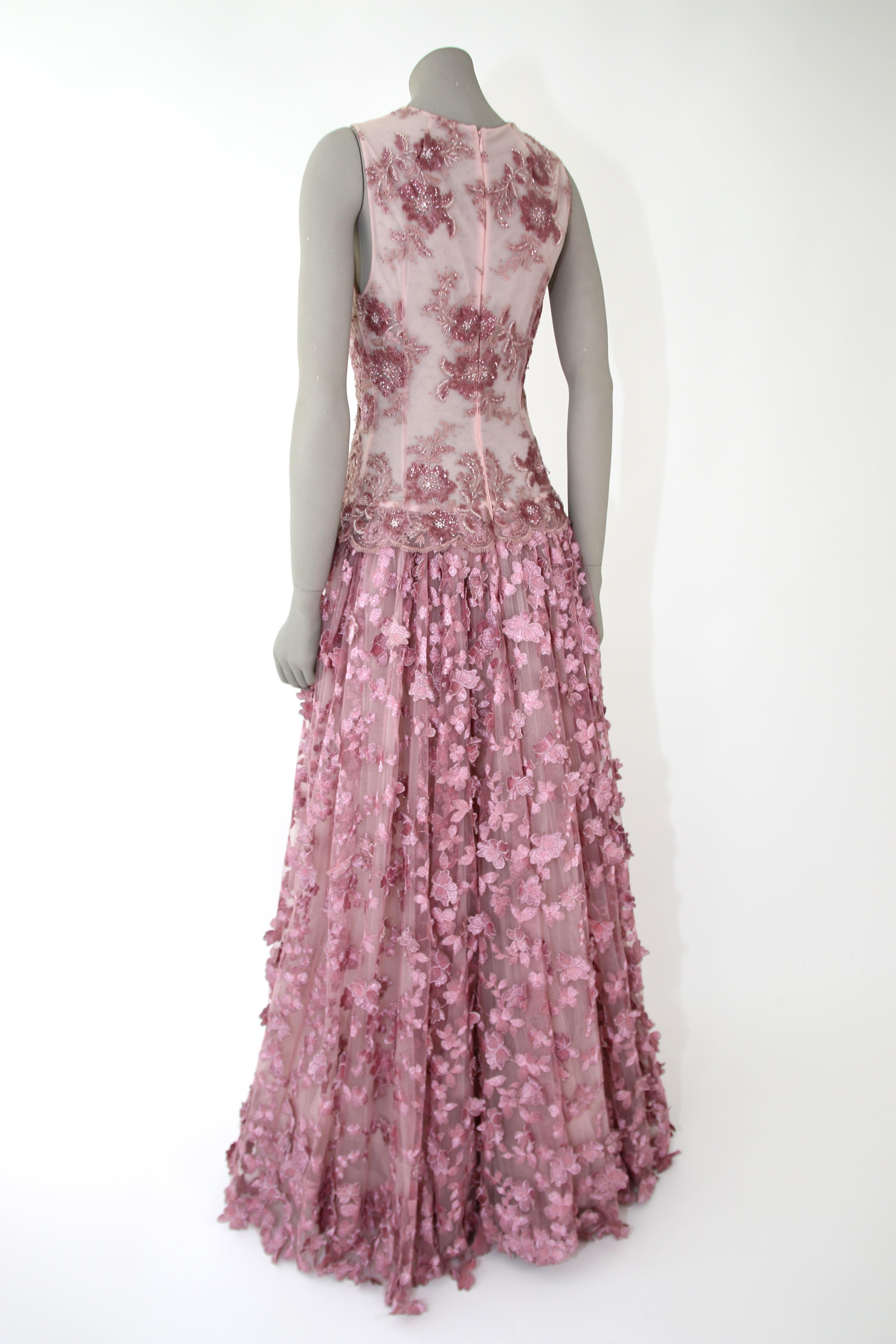 Women's Pelush Pink Tulle Dress Gown With Three Dimensional Flowers And Embroidery - S For Sale