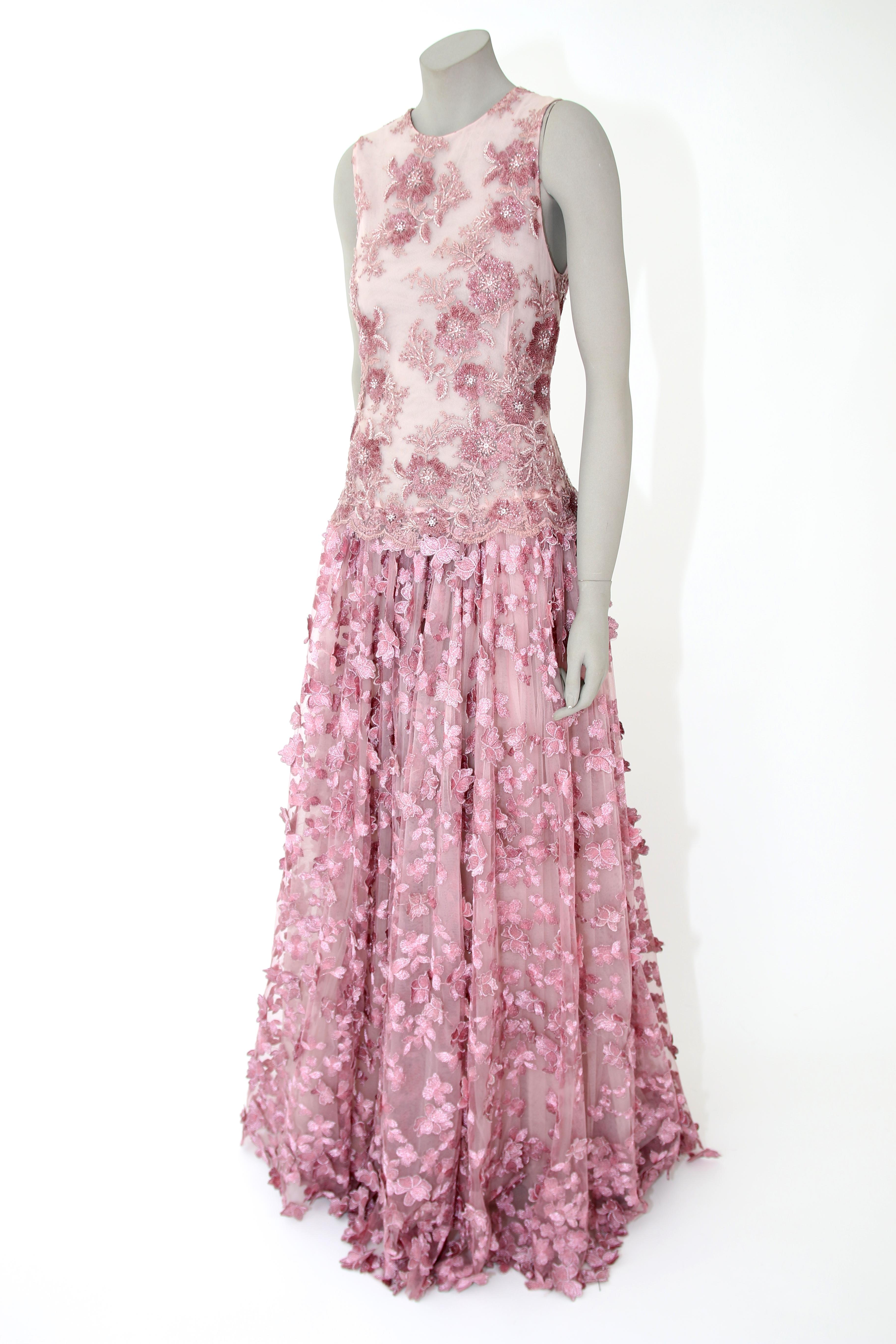 Pelush Pink Tulle Dress Gown With Three Dimensional Flowers And Embroidery - S For Sale 1