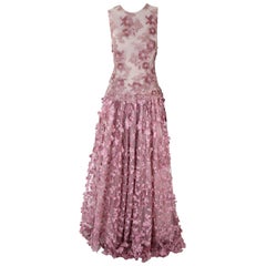 Pelush Pink Tulle Dress Gown With Three Dimensional Flowers And Embroidery - S