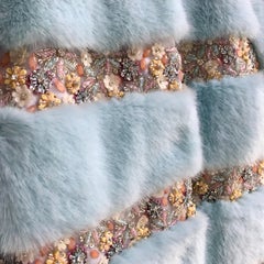Pelush Powder Blue Faux Fur Mink Coat with Flower Embroidery and Brocade - XS