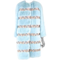 Pelush Powder Blue Faux Fur Mink Coat with Flower Embroidery and Brocade - XS