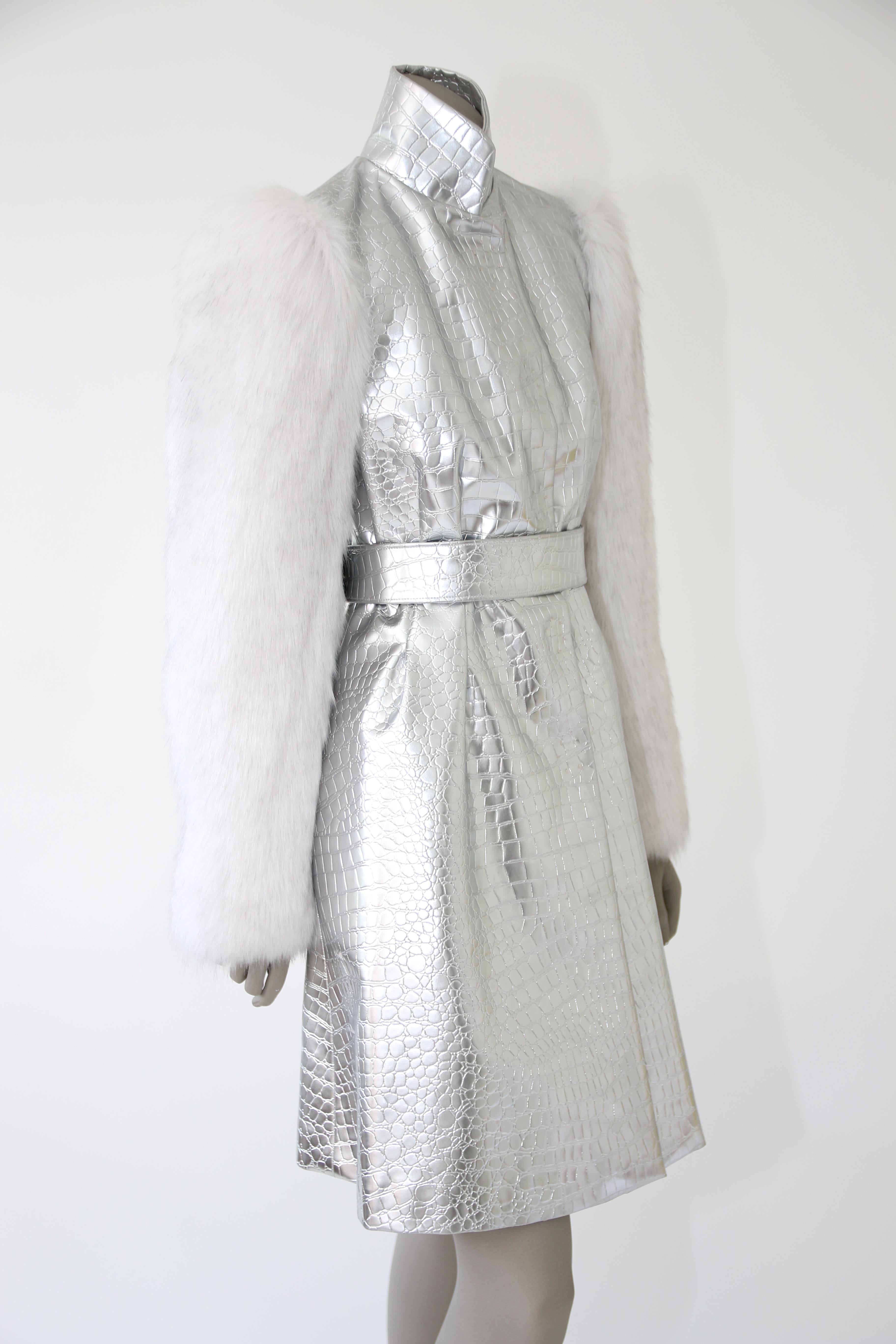 Women's Pelush Silver Faux Crocodile Couture Coat with Faux Fur Fox Sleeves - XSmall For Sale