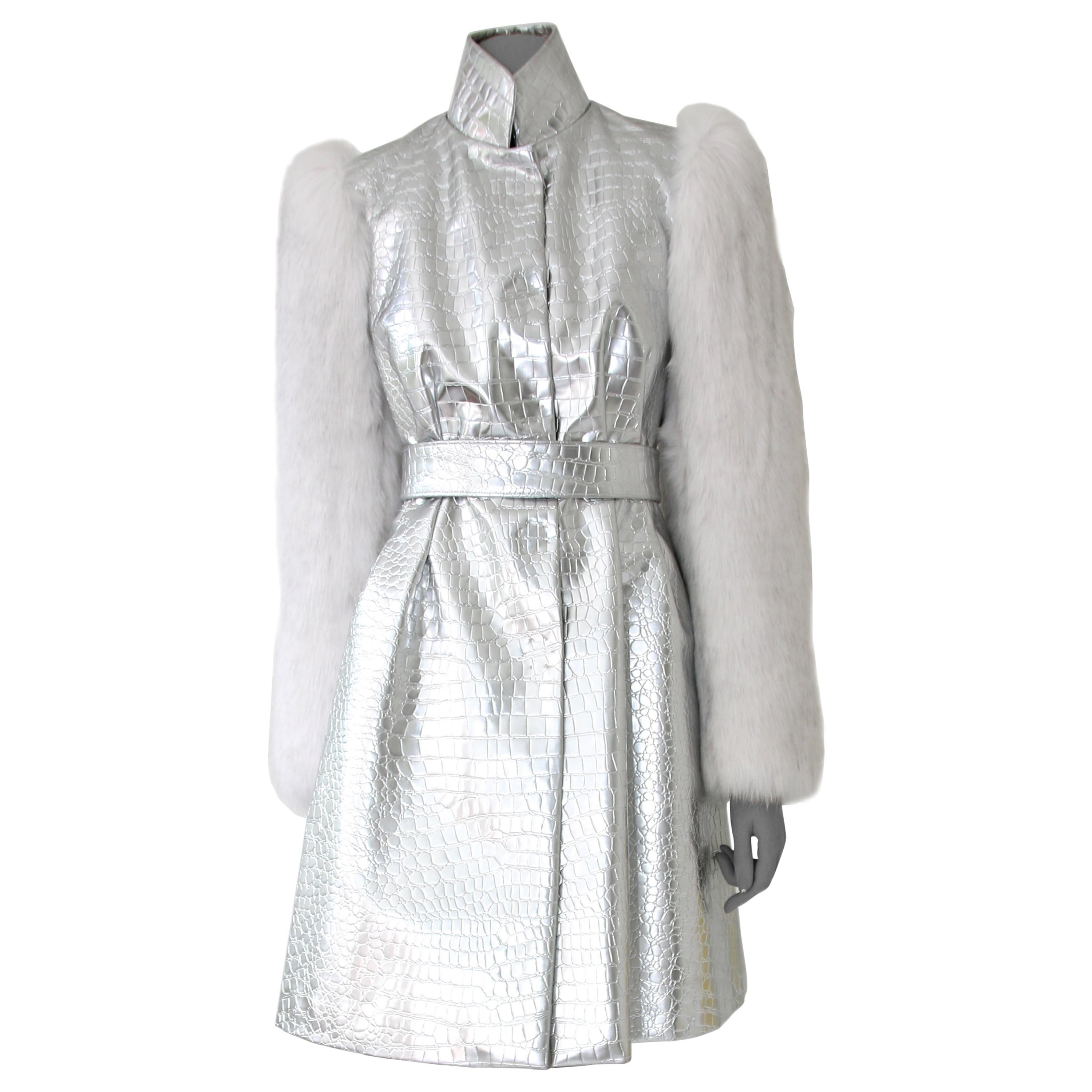 Pelush Silver Faux Crocodile Couture Coat with Faux Fur Fox Sleeves - XSmall For Sale