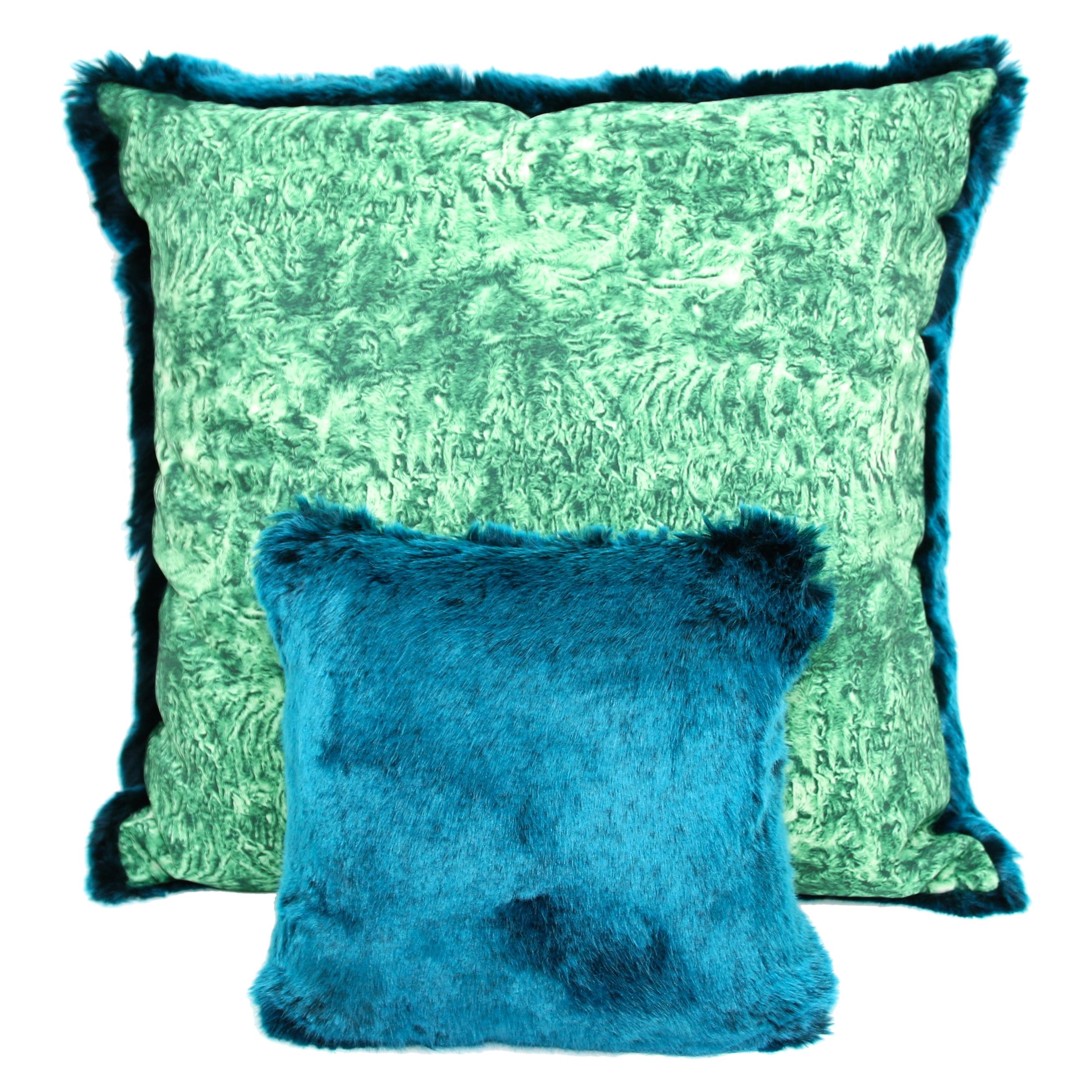 Pelush Teal Chinchilla Faux Fur Small Throw Pillows - Pillow set pair