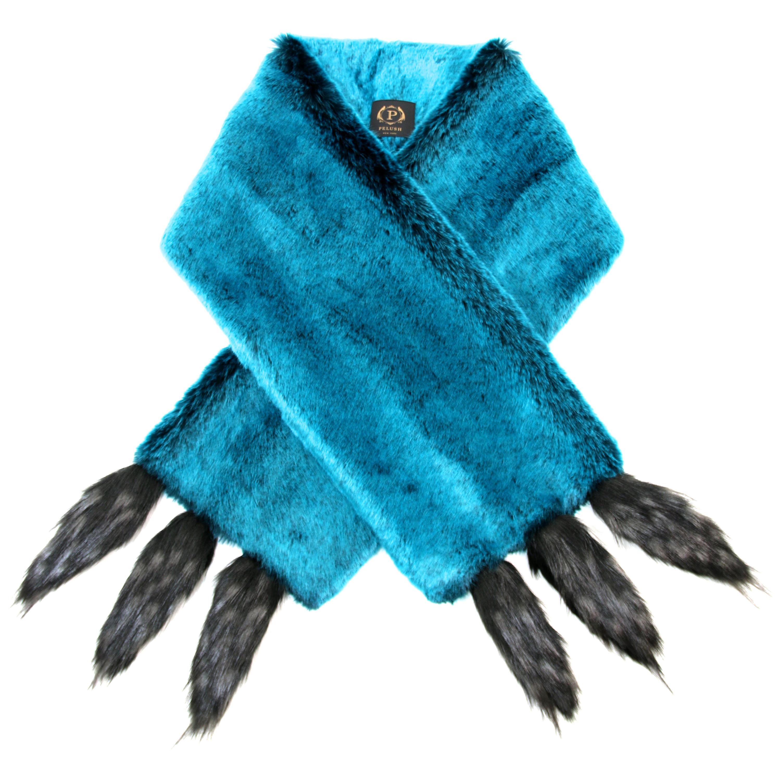 Pelush Teal Faux Fur Chinchilla Stole With Faux Fox Fringes - One Size