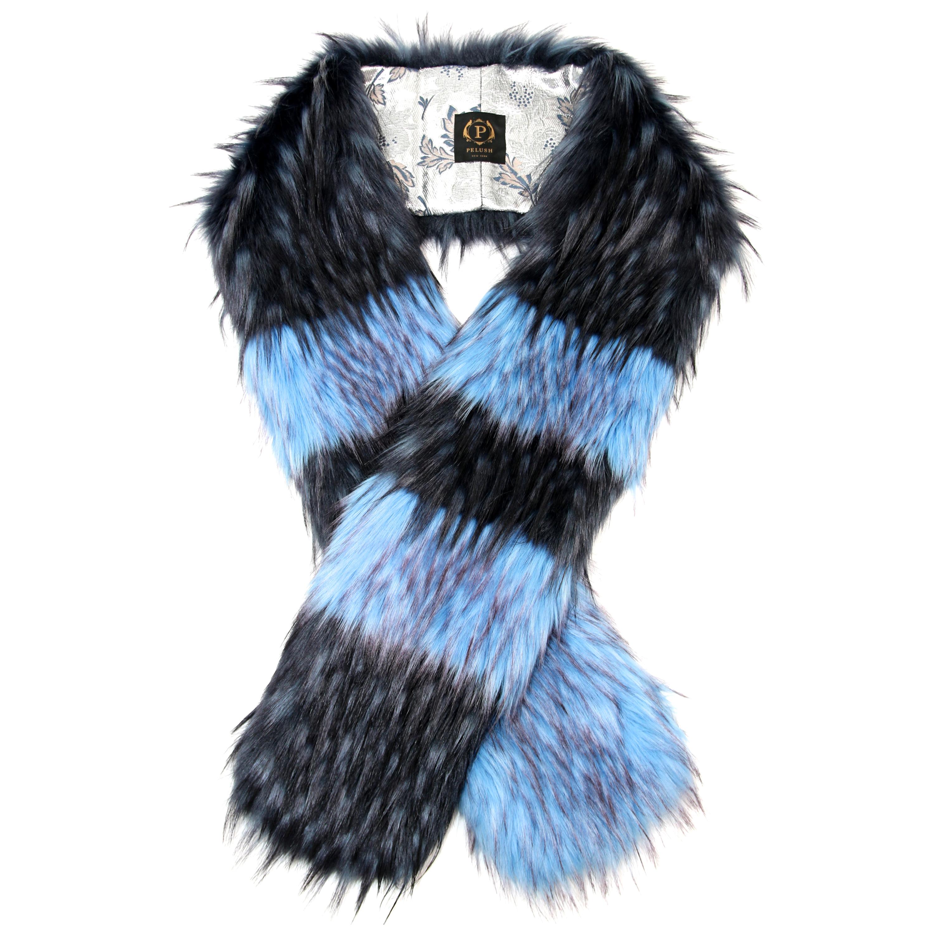 Pelush Turquoise And Navy Blue Faux Fur Fox Scarf/Stole - One Size