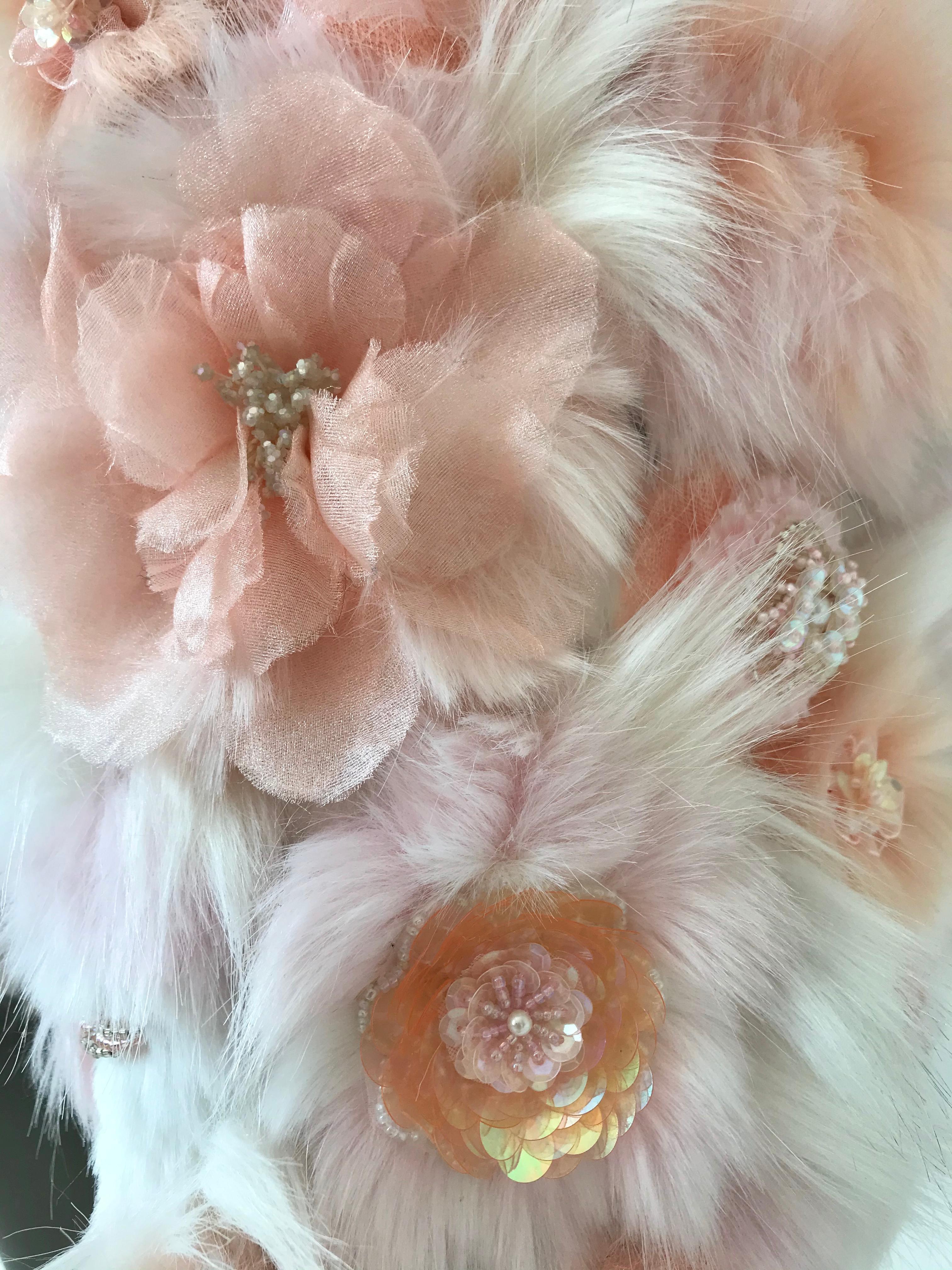 Pelush White Couture Faux Fur Mink Coat With Three Dimensional Flowers - Small For Sale 8