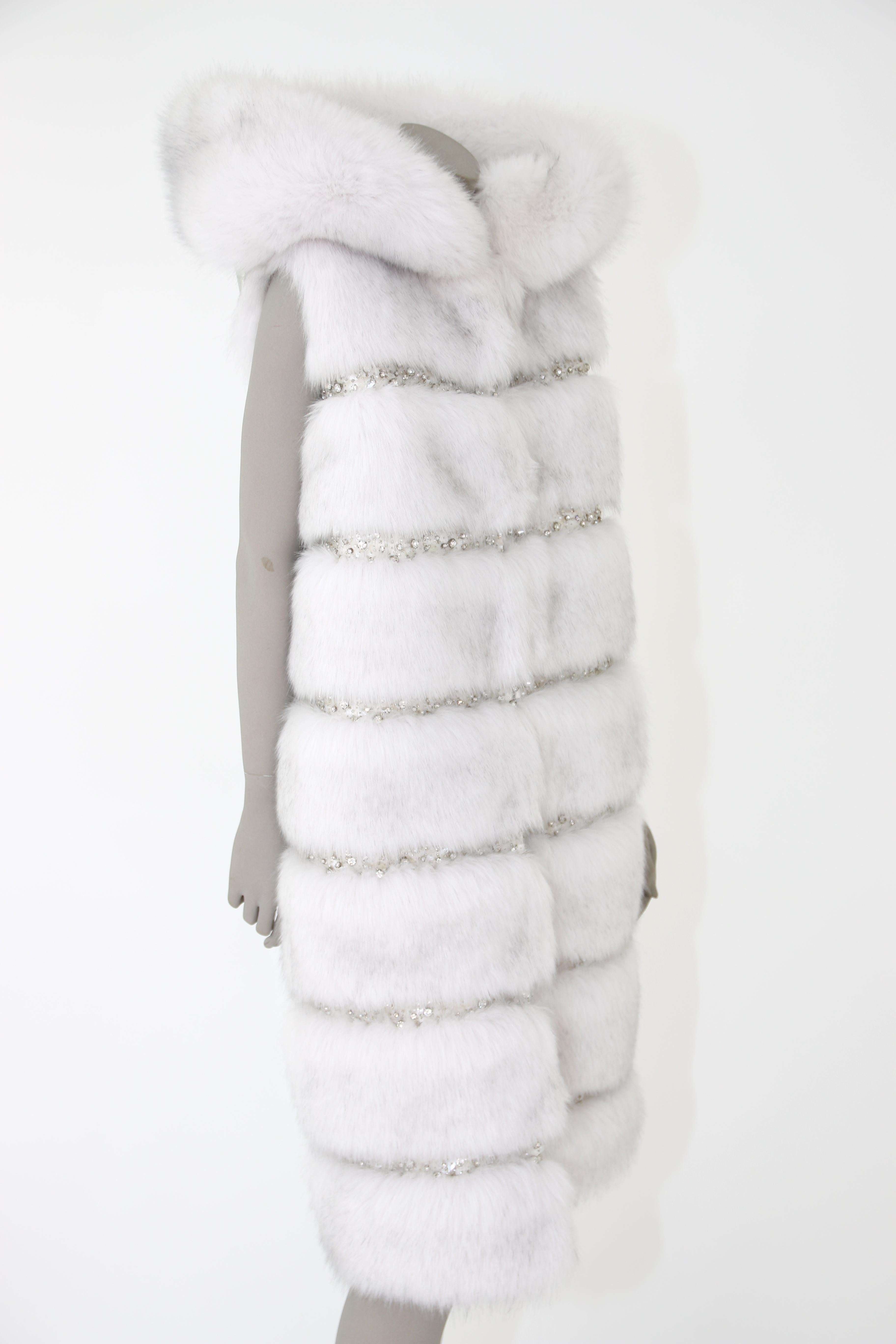 Pelush White Faux Fur Fox Vest With Crystal Embroidery And Detachable Hood - S For Sale 4
