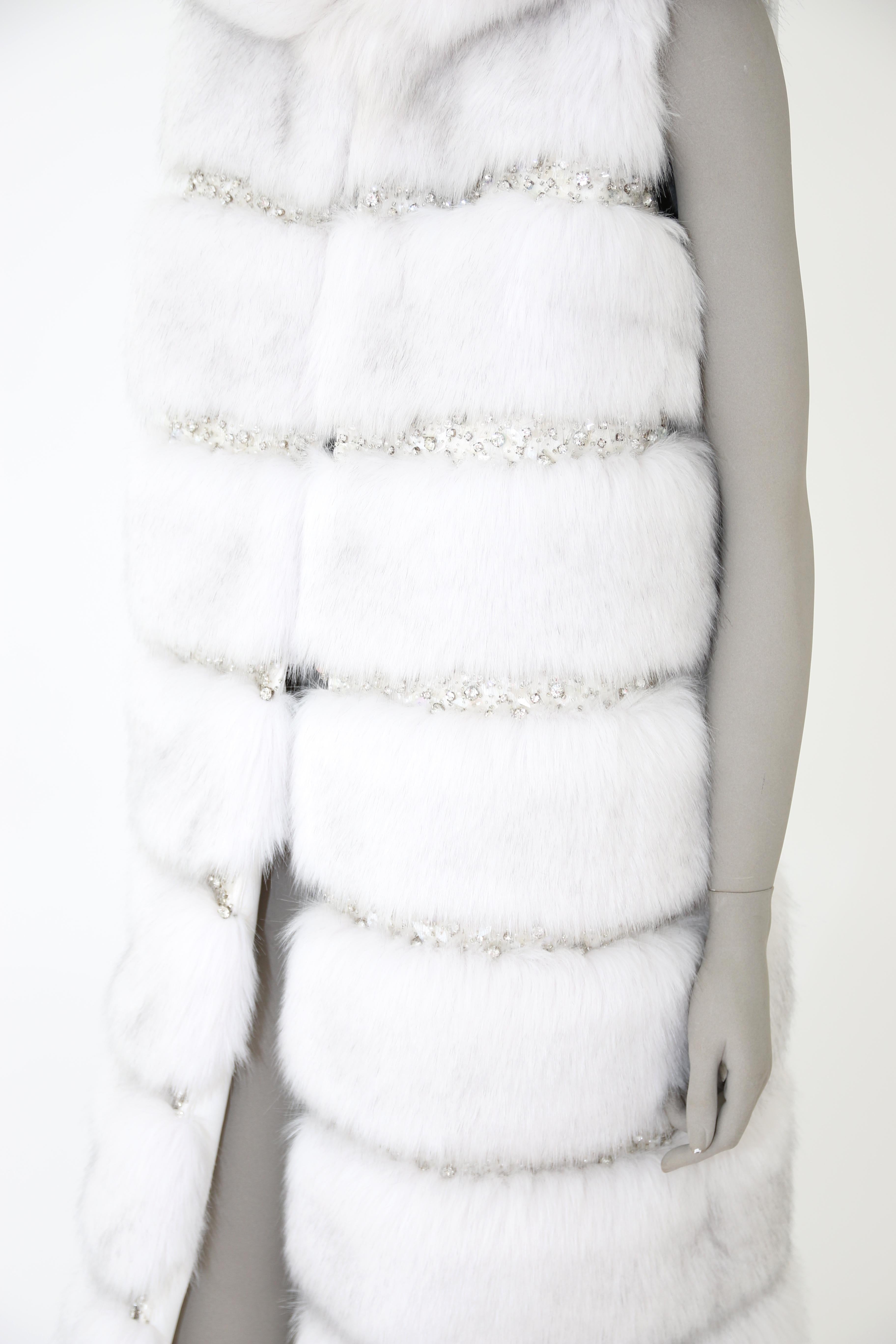Pelush White Faux Fur Fox Vest With Crystal Embroidery And Detachable Hood - S For Sale 8
