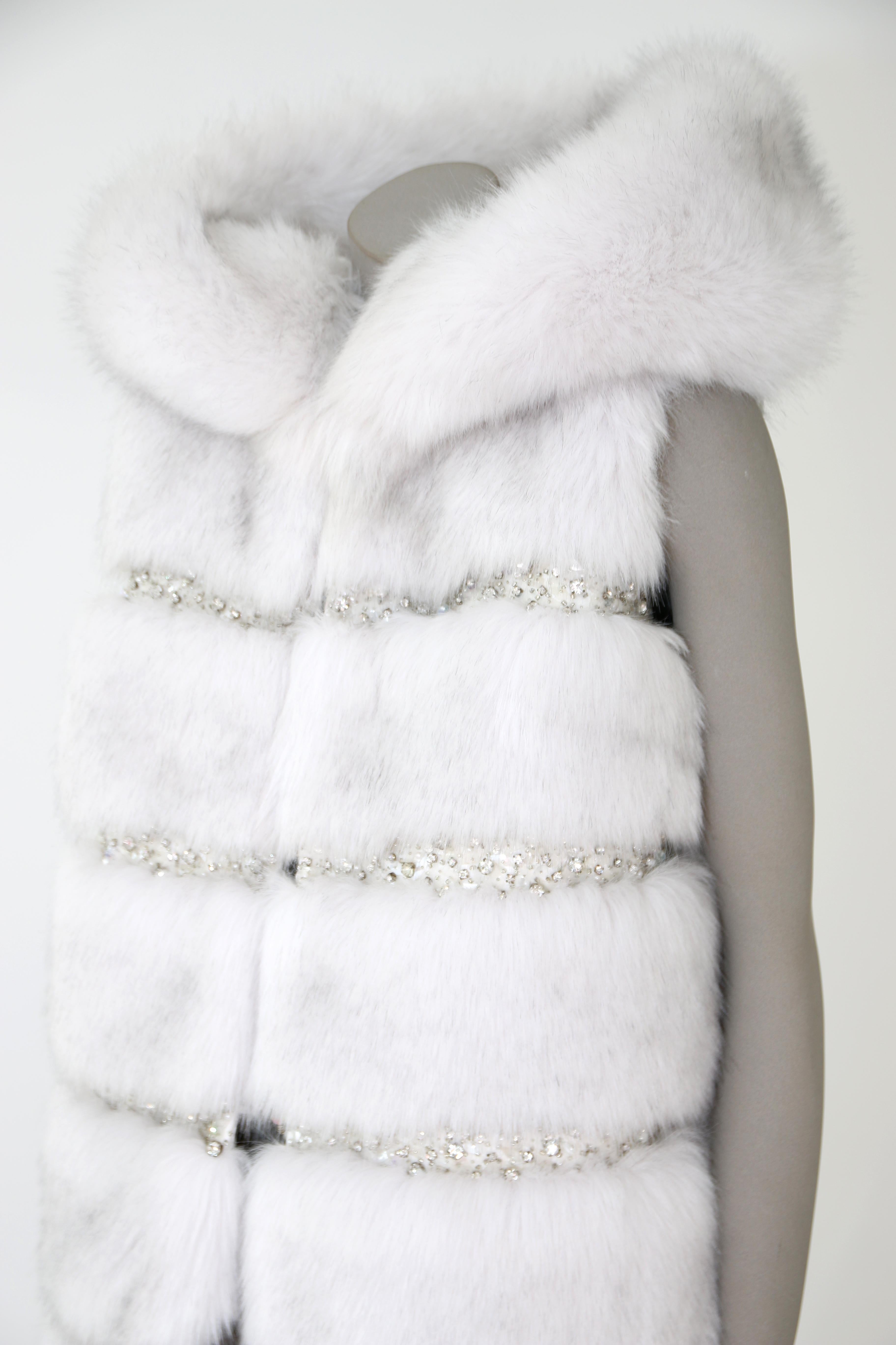 Pelush White Faux Fur Fox Vest With Crystal Embroidery And Detachable Hood - S In New Condition For Sale In Greenwich, CT
