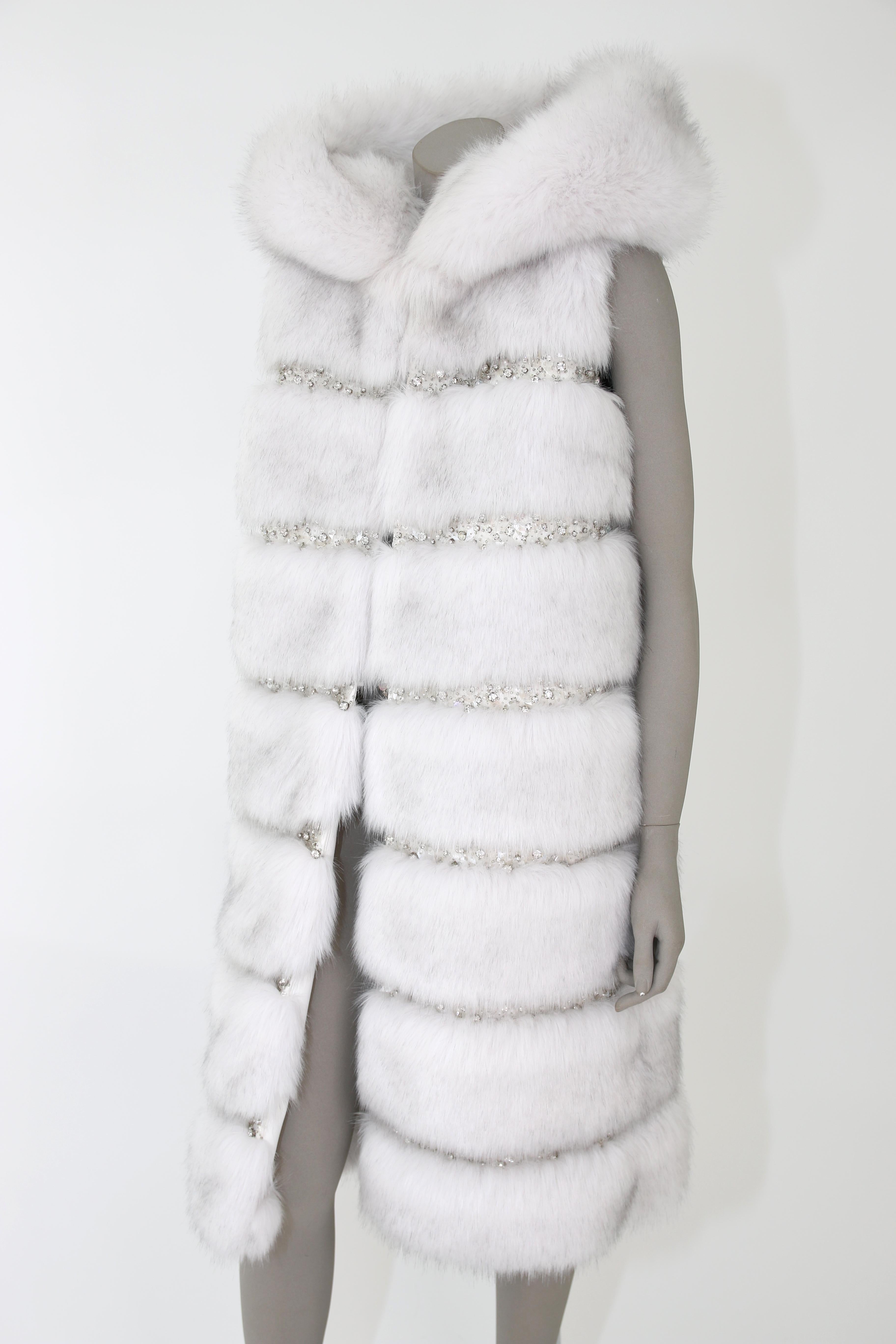 Women's Pelush White Faux Fur Fox Vest With Crystal Embroidery And Detachable Hood - S For Sale