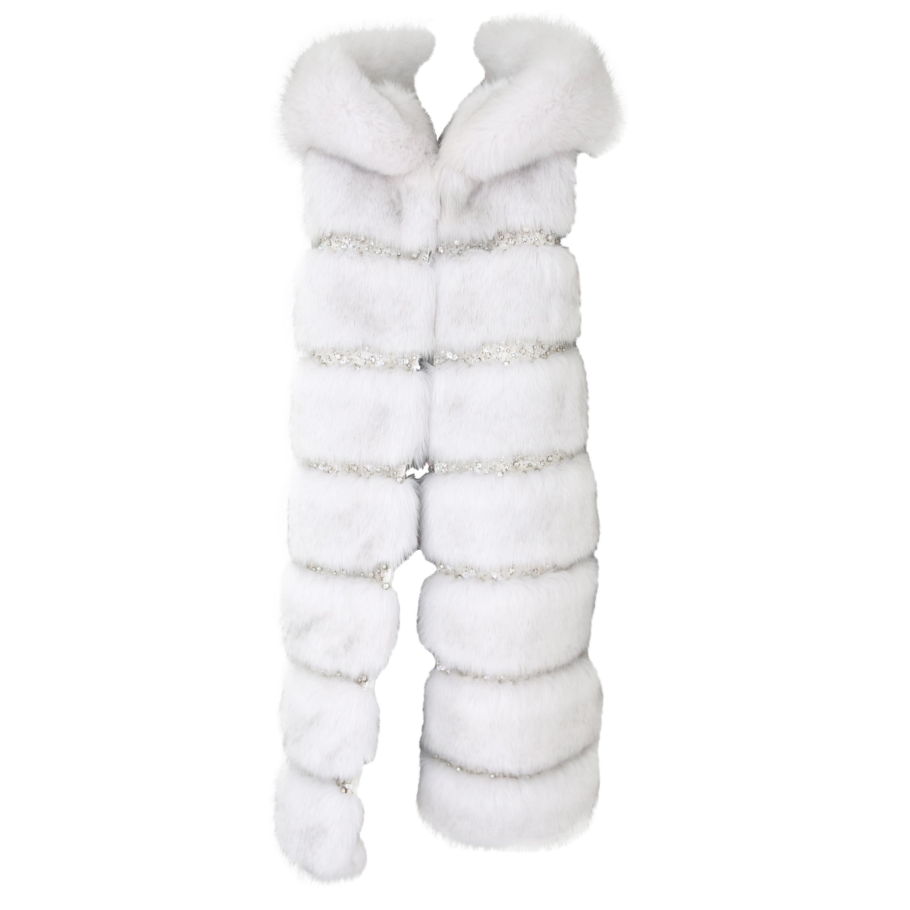 Pelush White Faux Fur Fox Vest With Crystal Embroidery And Detachable Hood - S