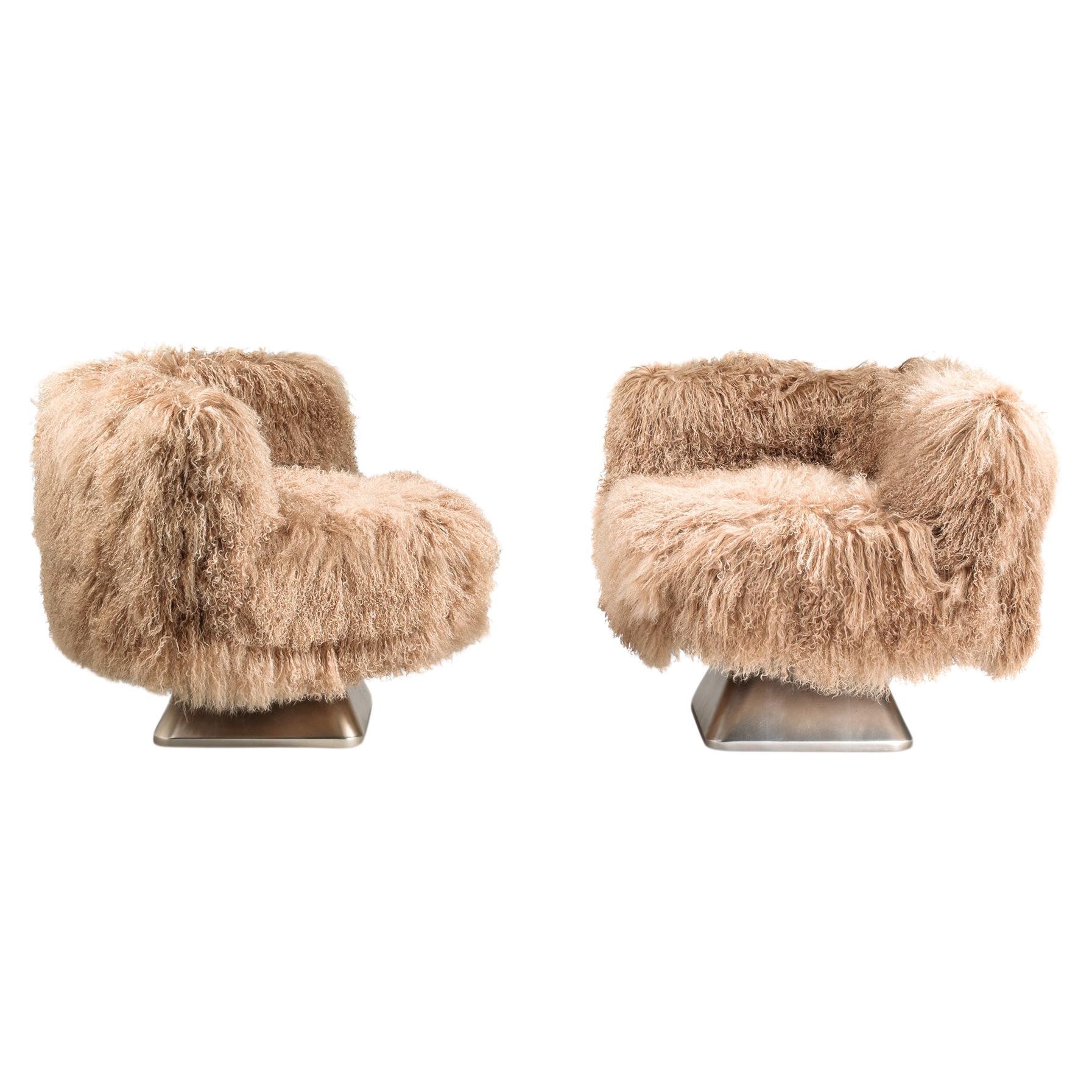 Pemba Swivel Beige Angular Armchair with bronzed wooden base and tibet lamb fur For Sale