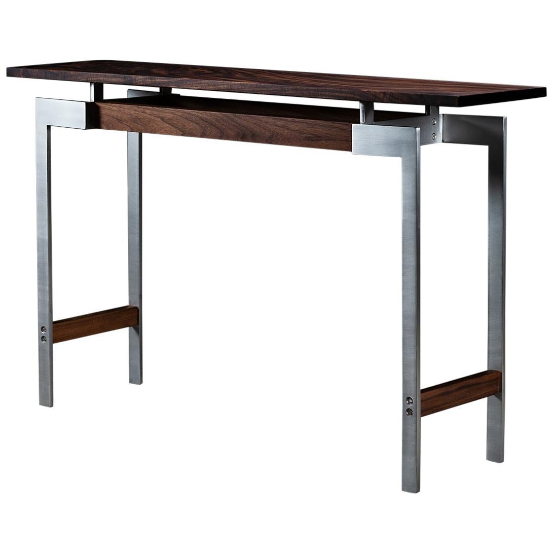 Pembroke Console Table, by Ambrozia in Claro Walnut and Brushed Stainless Steel For Sale