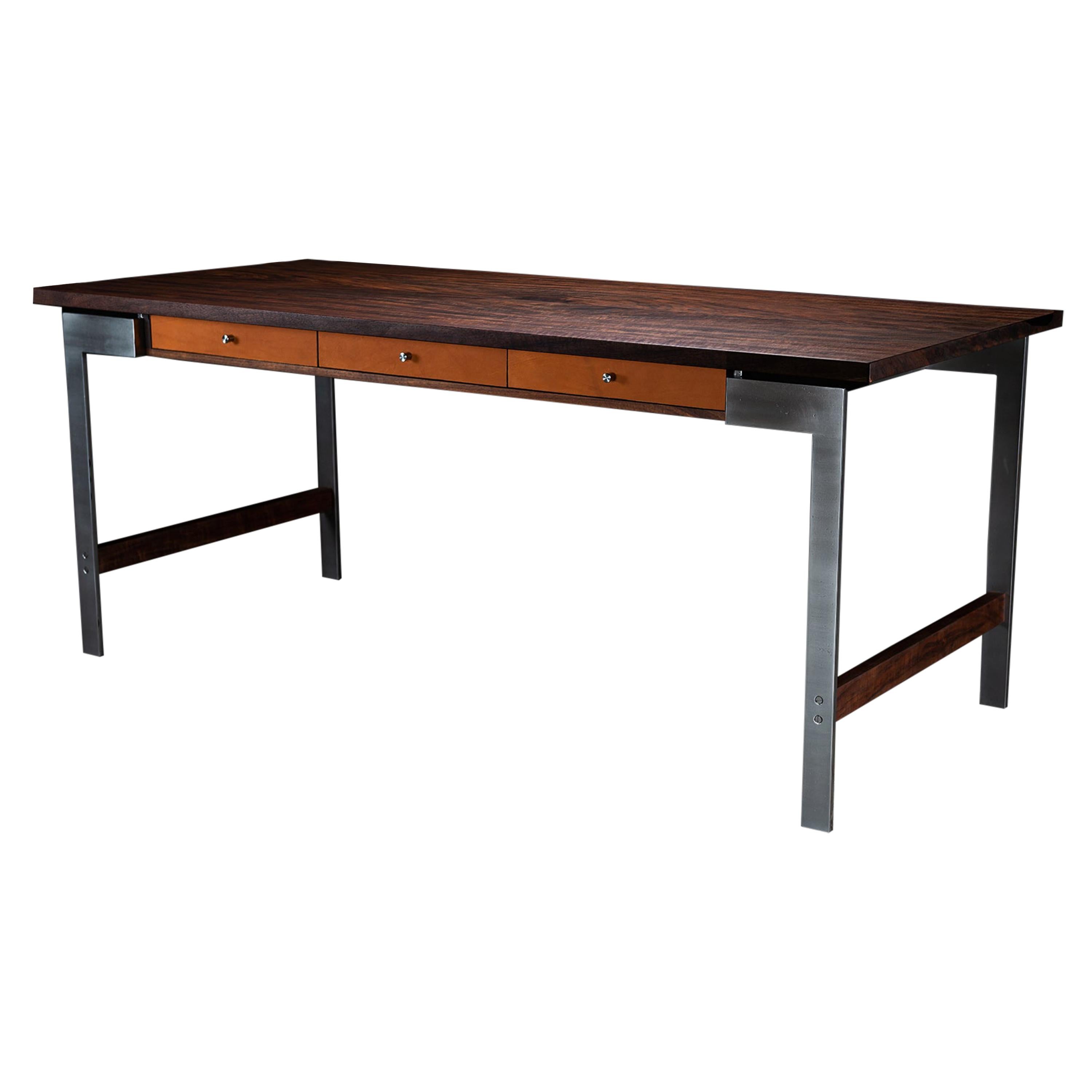 Pembroke Writing Desk by AMBROZIA, Claro Walnut, Stainless Steel, Camel Leather For Sale