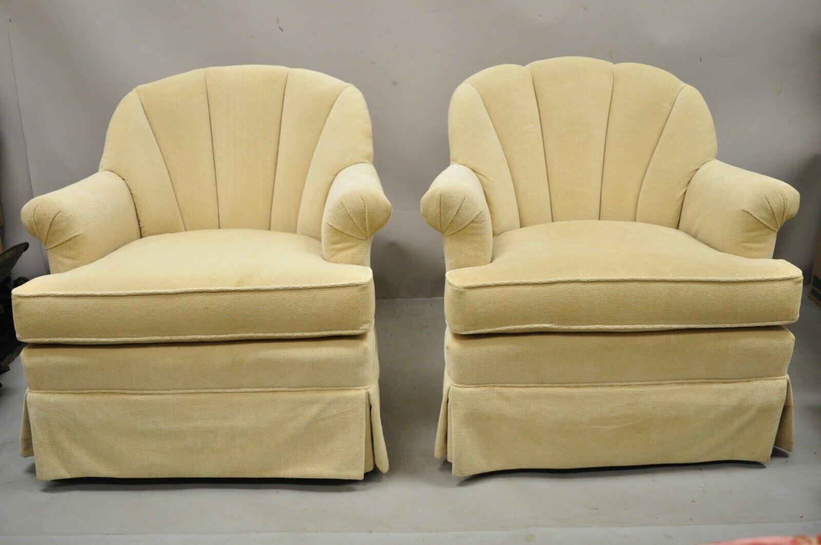 Pembrook Mid Century Modern Beige Swivel Channel Back Club Lounge Chairs - a Pair. Item features swivel base, tufted channel backs, rolled arms, fully upholstered frames, original label, clean modernist lines, quality American craftsmanship. Circa