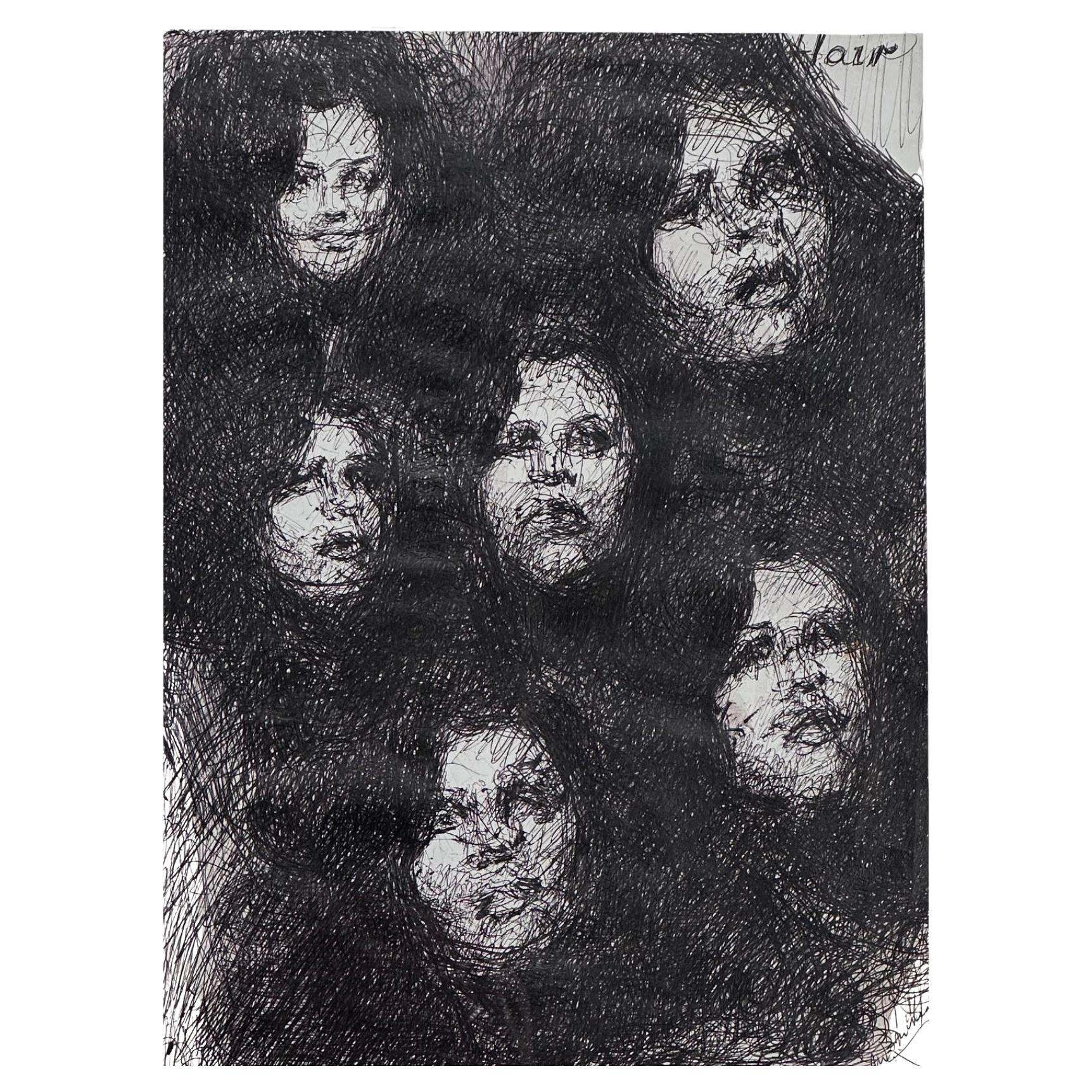 Pen and Ink Drawing by Malcomb Mckesson circa 1960's entitled "Hair". For Sale