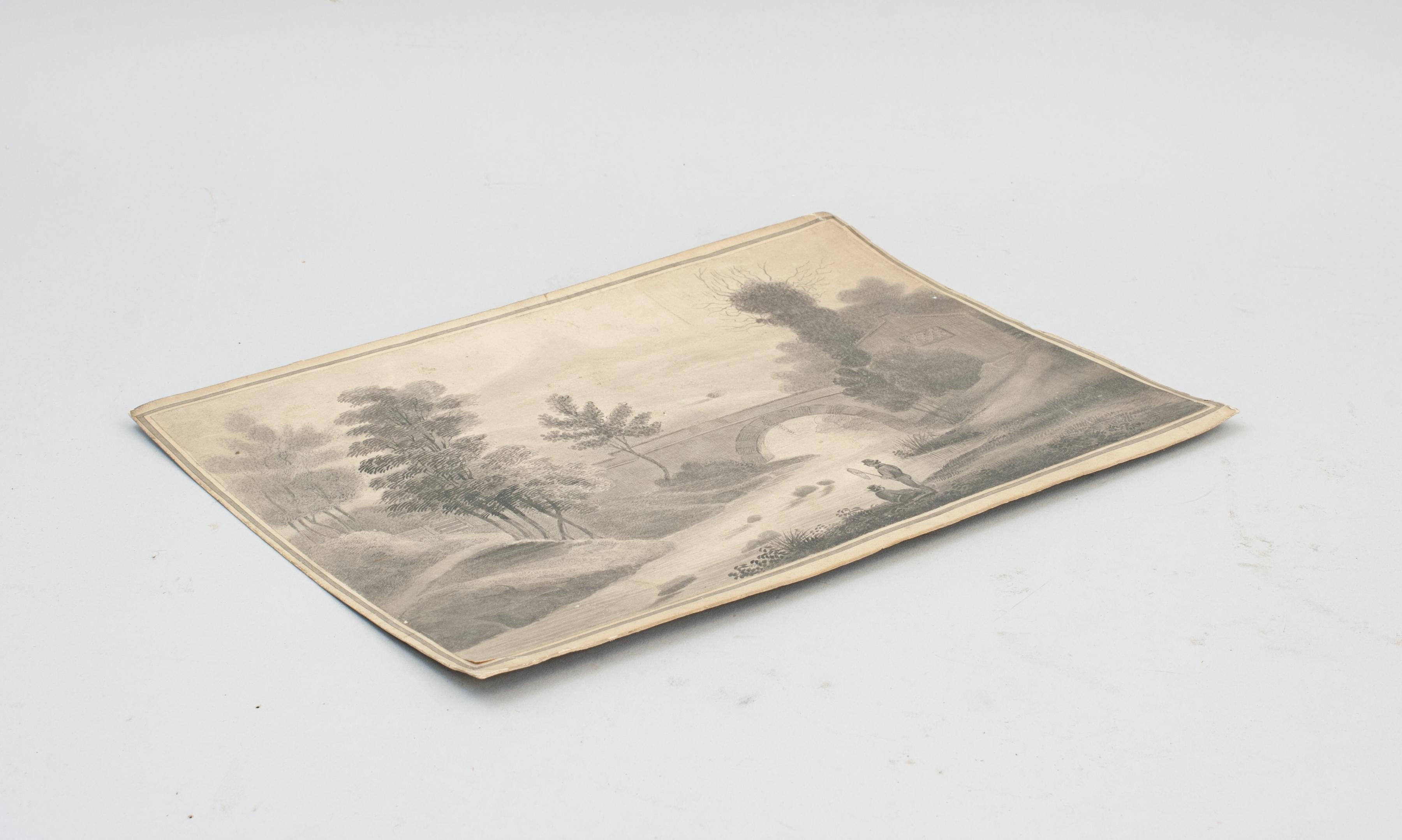 Dessin original de pêche à la plume et à l'encre.
Très beau dessin à la plume et à l'encre d'une scène de pêche. Deux hommes pêchent avec un filet dans la rivière. On aperçoit à l'arrière-plan un pont arqué à côté d'une maison.

Dimensions