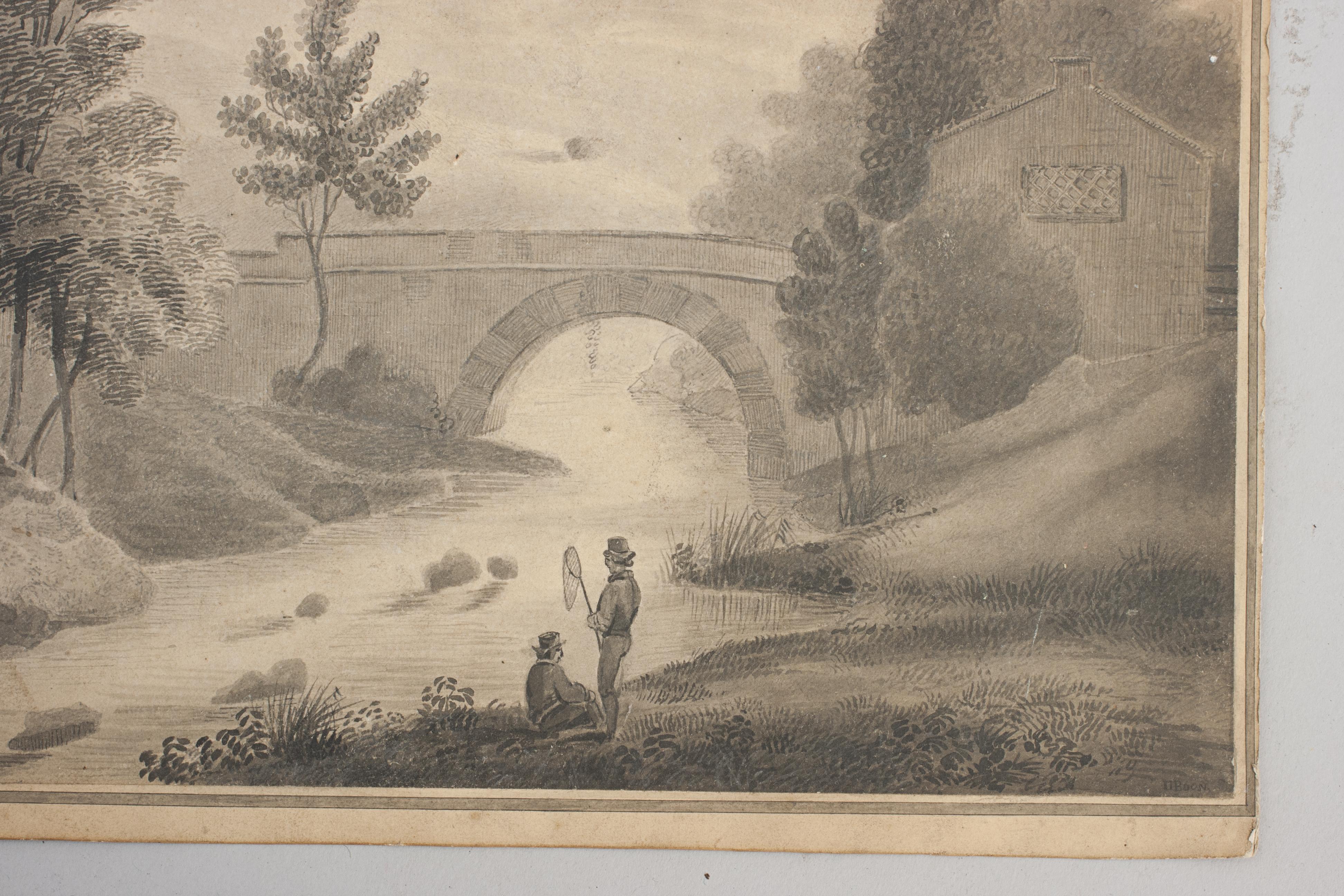 XIXe siècle Scène de pêche au stylo et à l'encre en vente