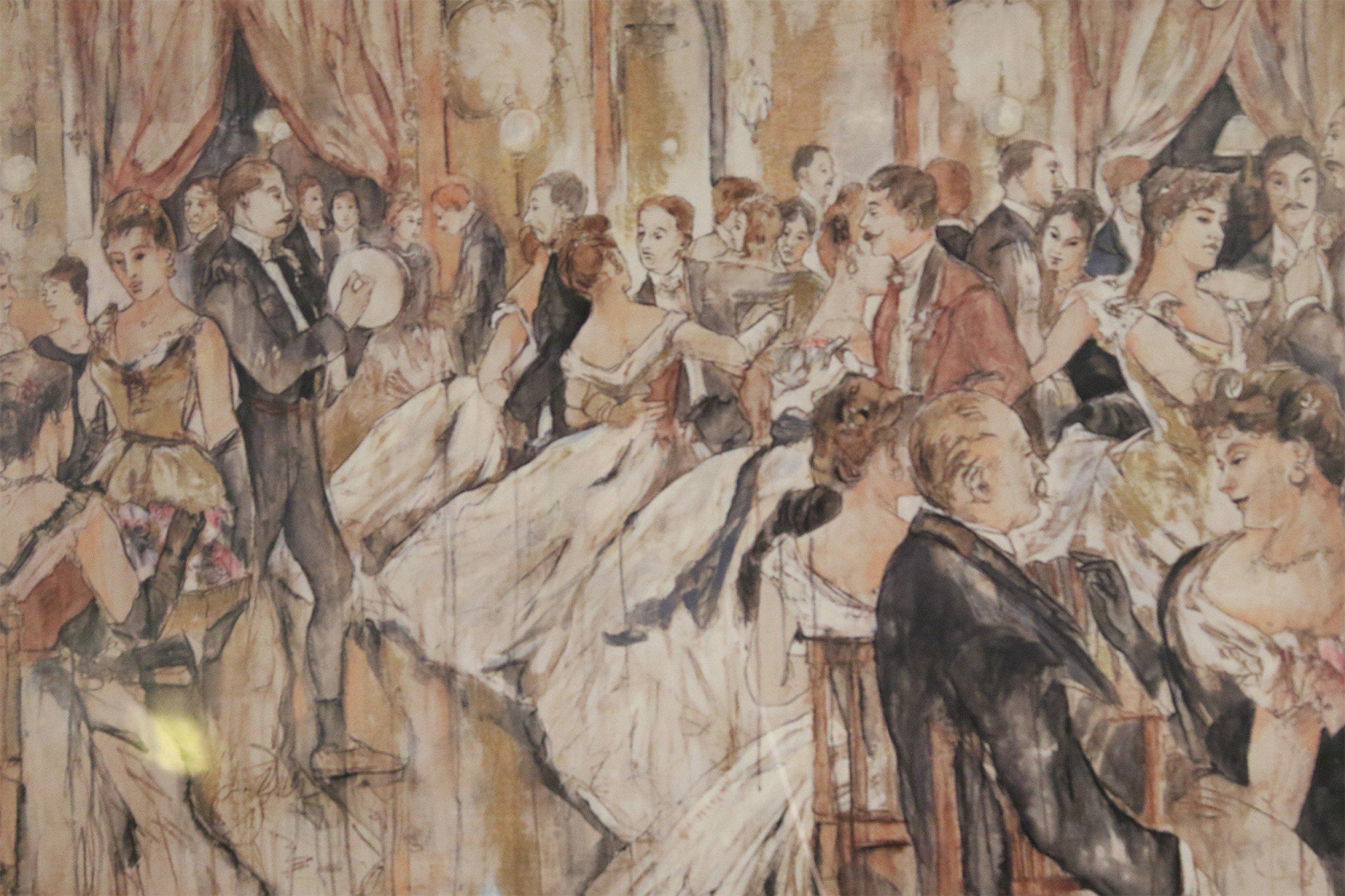 French (late 19th Century) pen and ink painting of a ballroom scene in a rectangular silver wooden frame.
