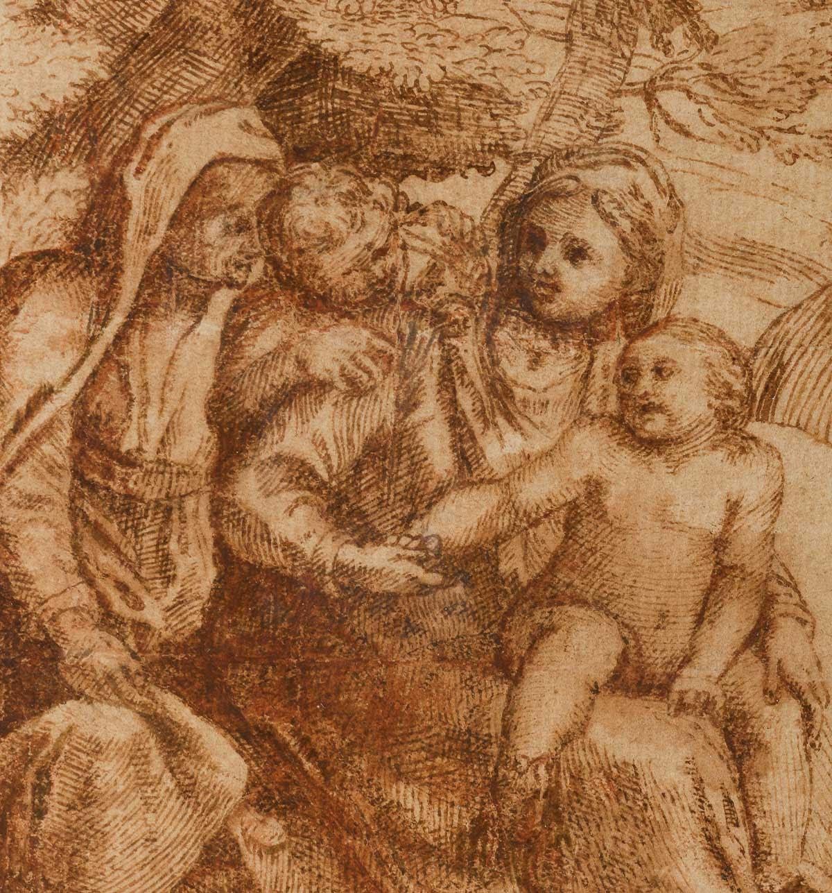 Stiftzeichnung auf Papier mit der Darstellung der „ Heiligen Familie“ von Girolamo Muziano. (Klassisch-römisch)