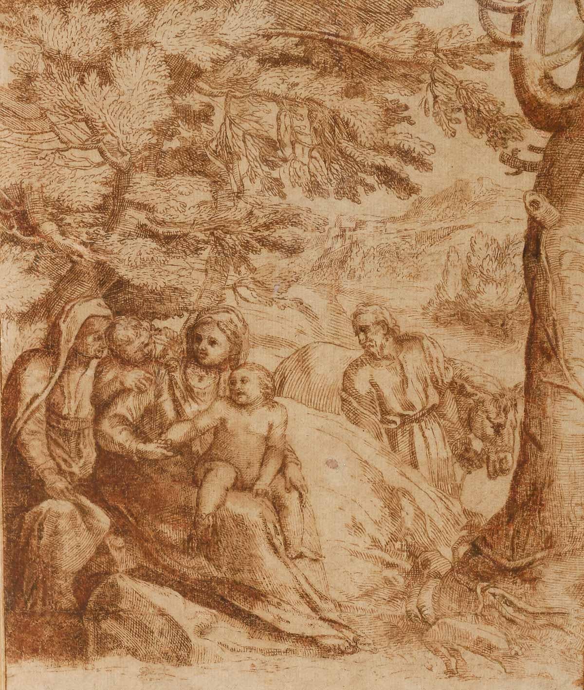 Stiftzeichnung auf Papier mit der Darstellung der „ Heiligen Familie“ von Girolamo Muziano. (Italienisch)