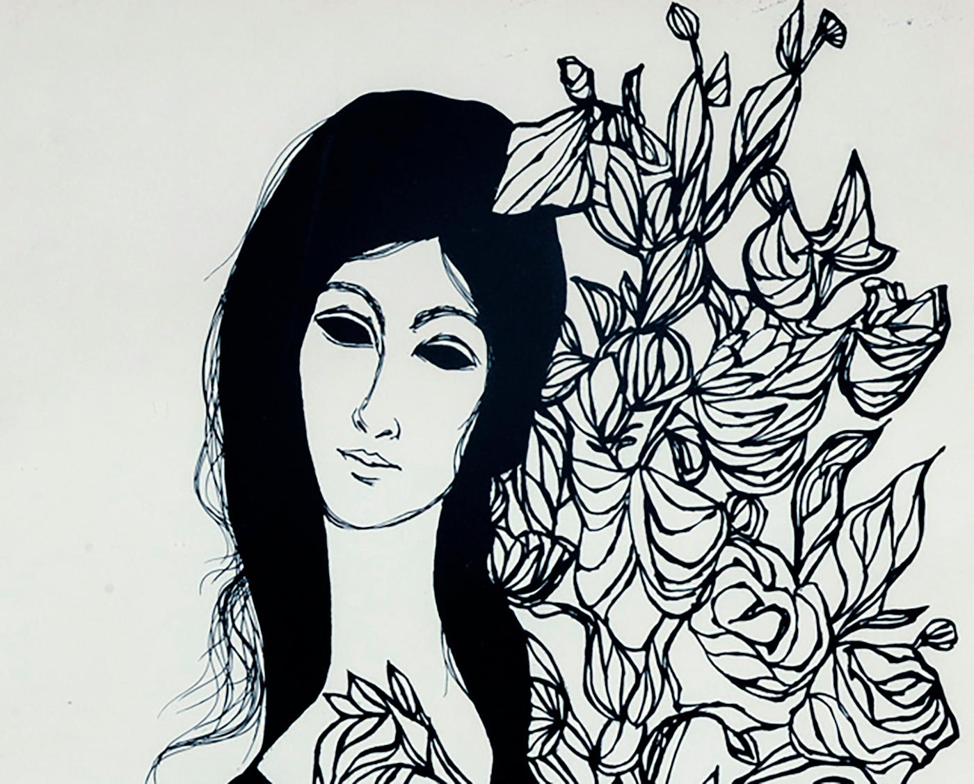 Stunning Midcentury pen & ink drawing of a dark haired woman with a floral bouquet, dressed in black & restored in its original black frame. 
A striking image by an unknown artist.
