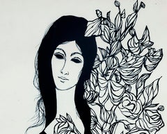 Stift- und Tuschezeichnung einer Frau mit Blumenstrauß