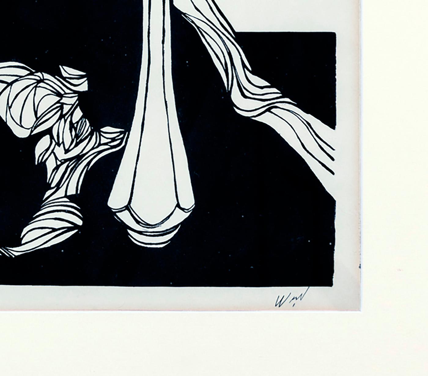 Hollywood Regency Pen & Ink Drawing of a Woman with a Floral Bouquet For Sale