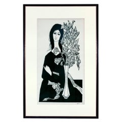Pen & Ink Drawing of a Woman with a Floral Bouquet
