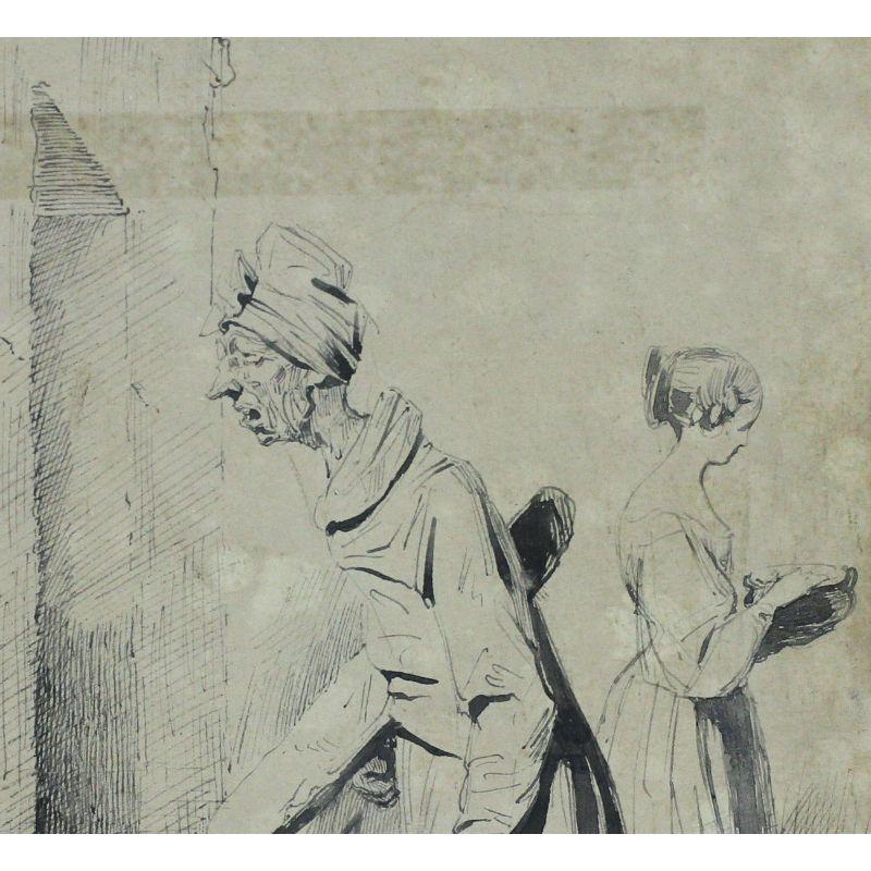 Européen Le dessin d'une vieille femme au stylo crayon et à l'encre de Charles Joseph Travies De Villers en vente