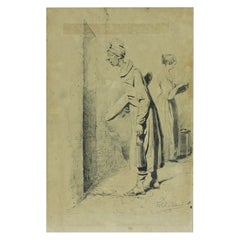 Bleistift & Tinte Alte Frau Zeichnung von Charles Joseph Travies De Villers