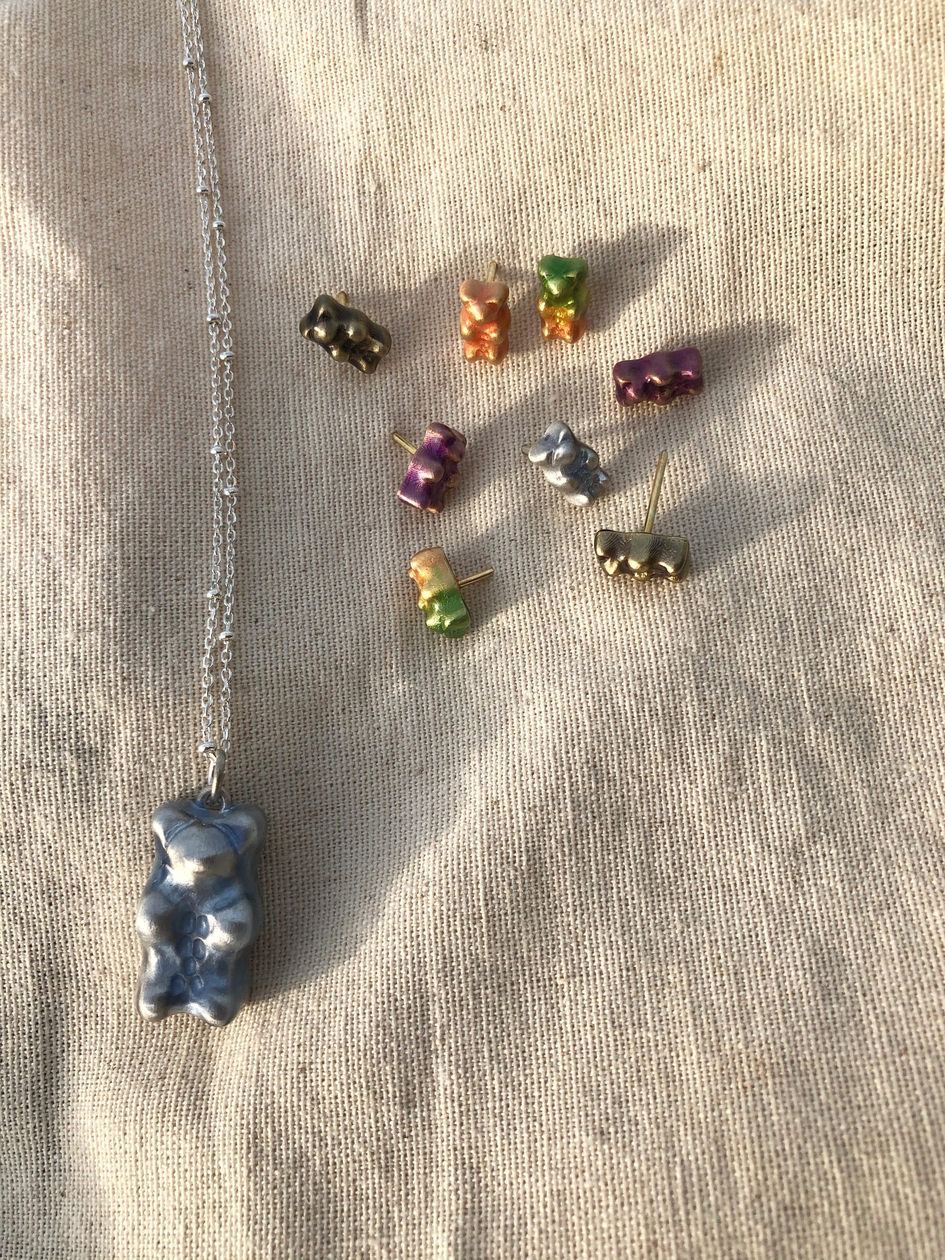 Contemporary Pendant Necklace Chain Gummy Bear  Blue Colour Sterling Silver Greek Jewelry For Sale