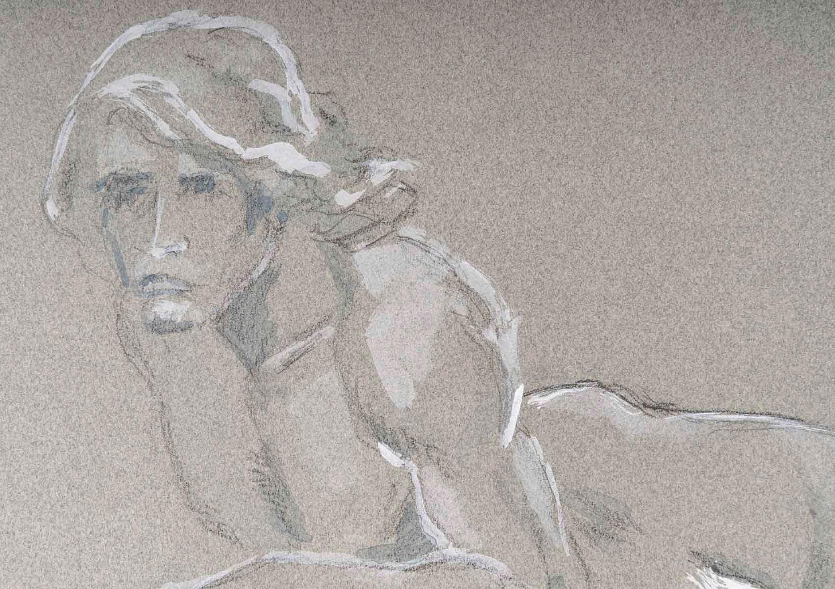 Mid-Century moderno Disegno a matita e acquerello su carta di un uomo sdraiato, XX secolo. in vendita