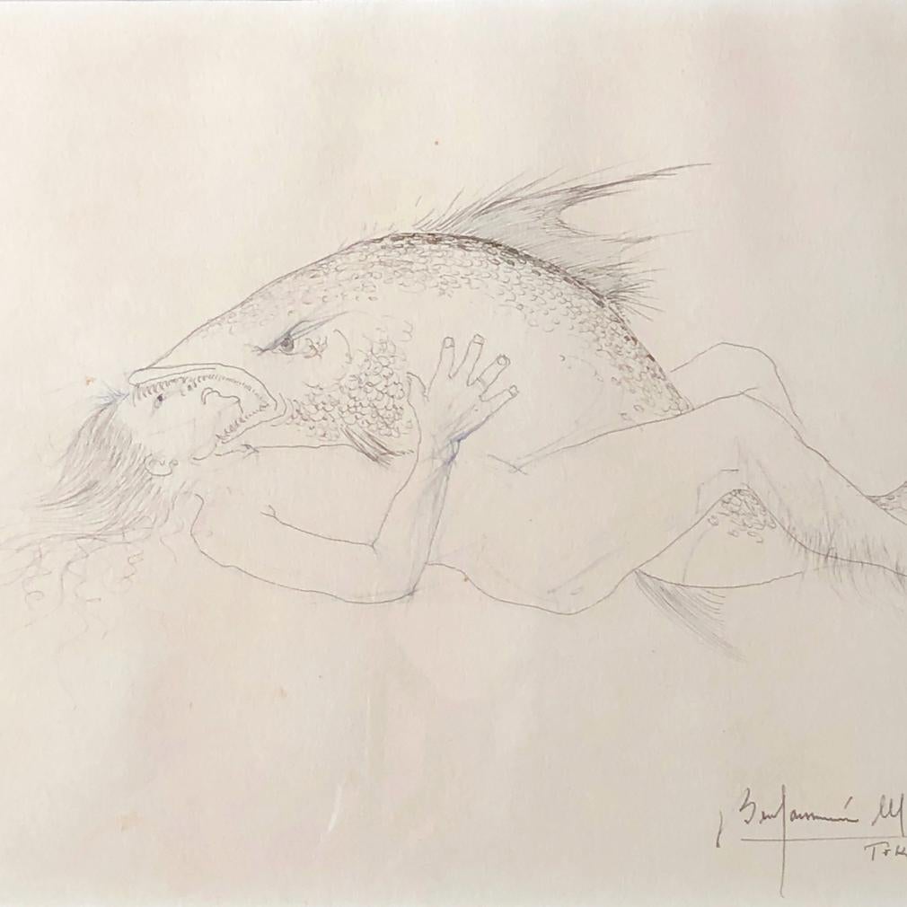 International Style Pencil Drawing by the Bolivian Surrealist Artist, Benjamin Mendoza y Amor Flores For Sale